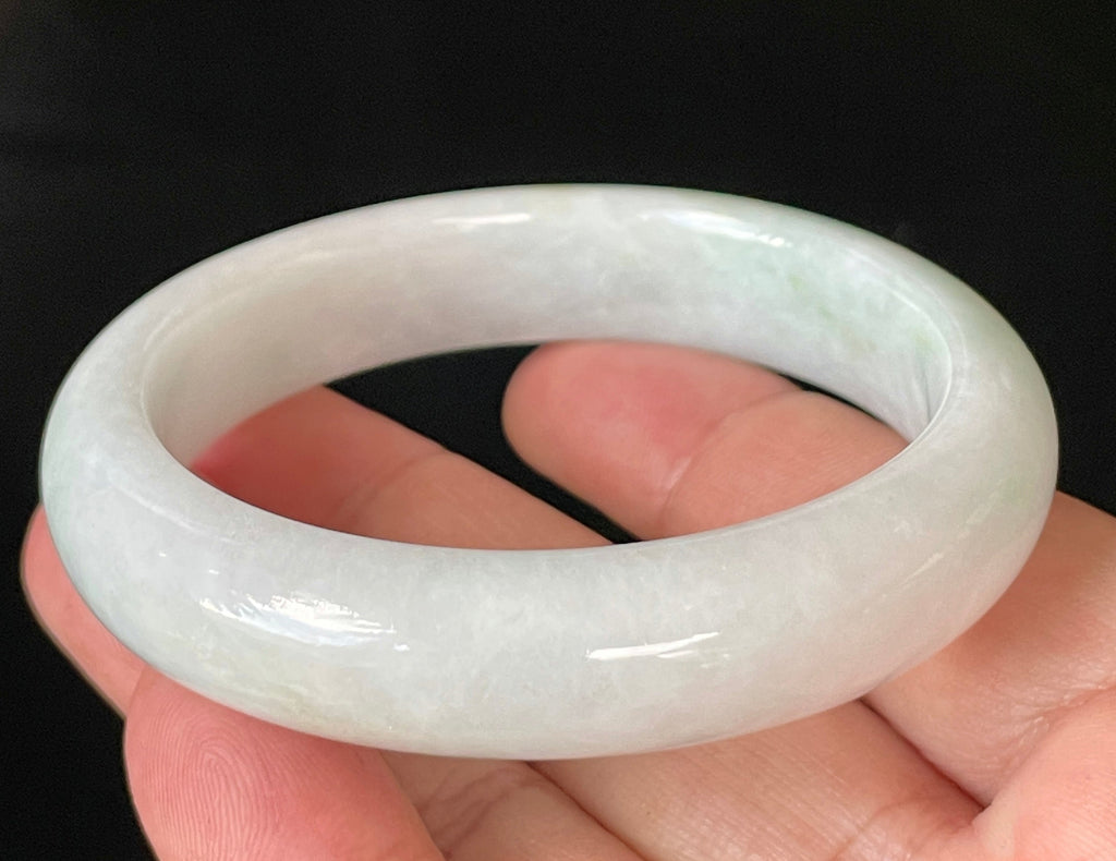 Natural Grade A Certified Burmese Jadeite Jade Bangle – Icy Milky White with Apple Green Hues – 57.5mm – JB921