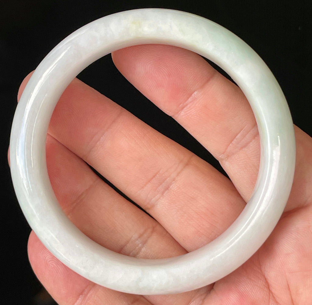 Natural Grade A Certified Burmese Jadeite Jade Bangle – Icy Milky White with Apple Green Hues – 57.5mm – JB921
