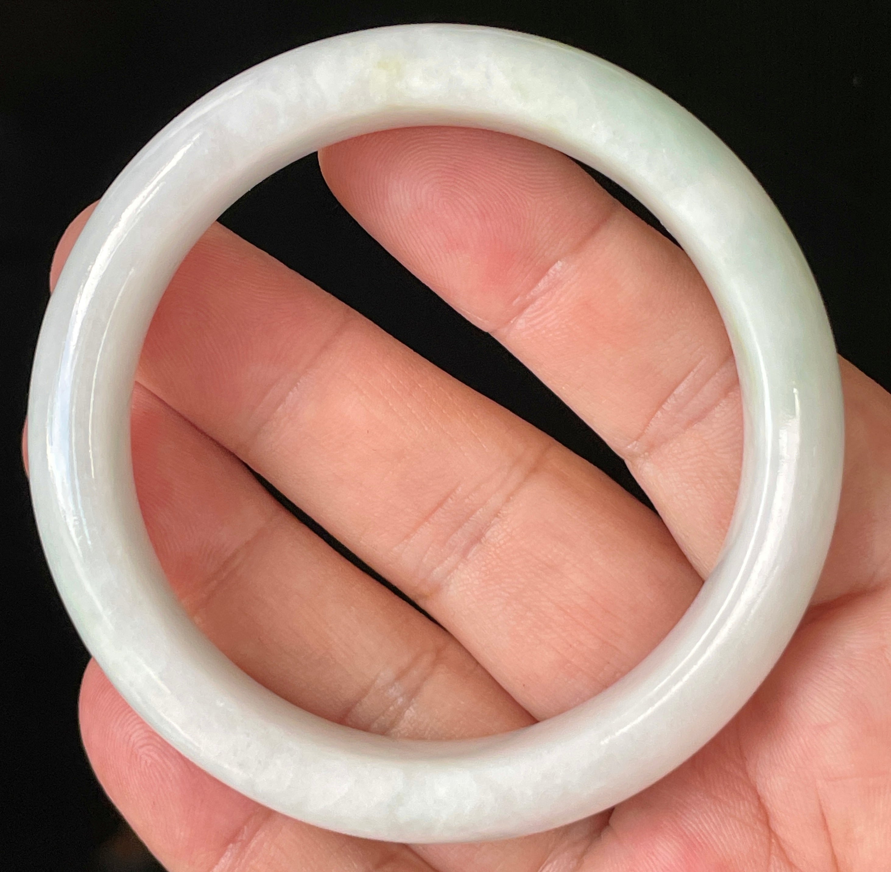 Natural Grade A Certified Burmese Jadeite Jade Bangle – Icy Milky White with Apple Green Hues – 57.5mm – JB921