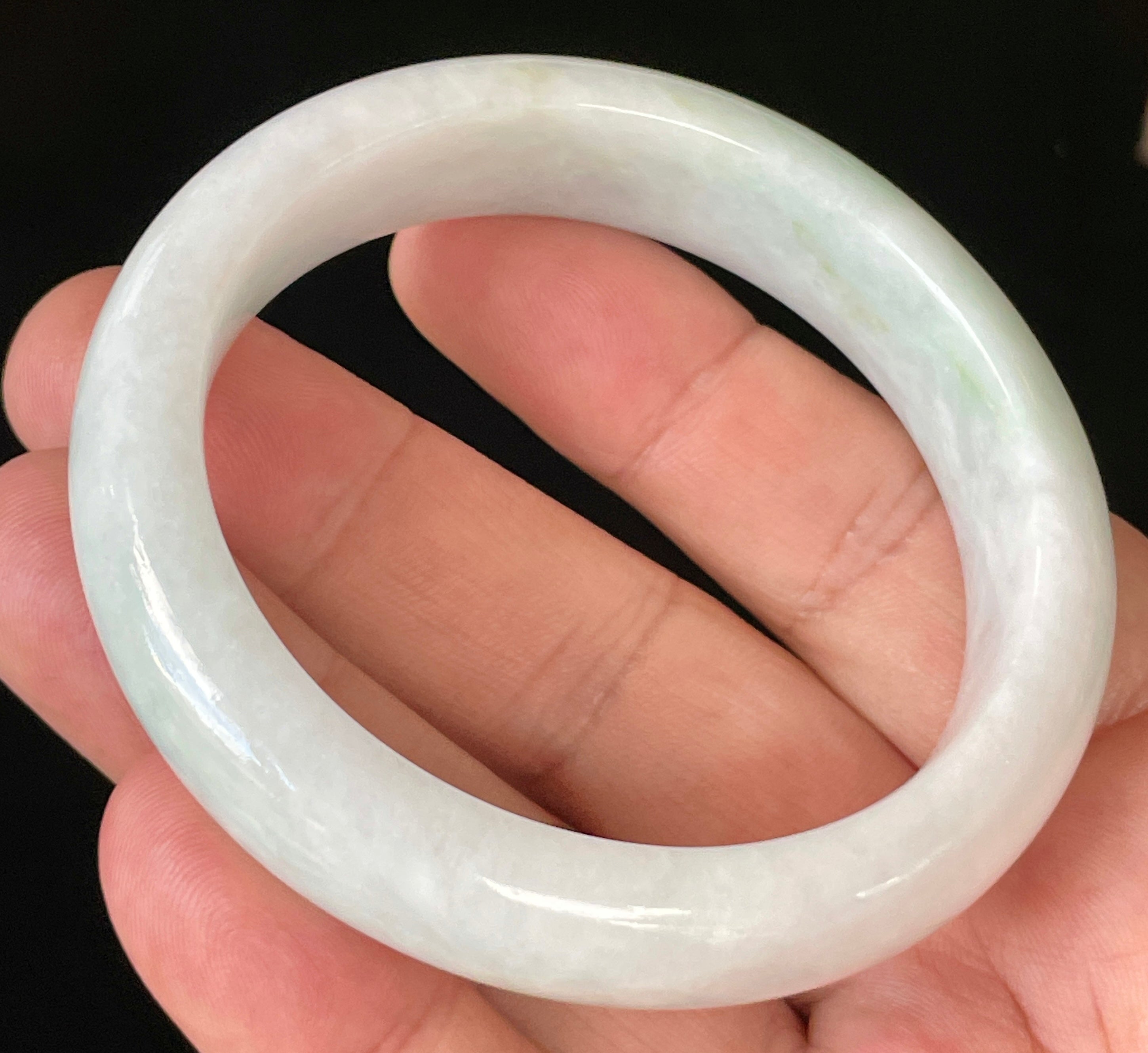 Natural Grade A Certified Burmese Jadeite Jade Bangle – Icy Milky White with Apple Green Hues – 57.5mm – JB921