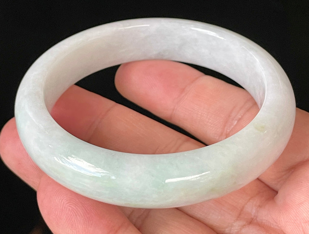 Natural Grade A Certified Burmese Jadeite Jade Bangle – Icy Milky White with Apple Green Hues – 57.5mm – JB921
