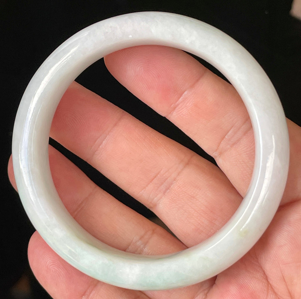Natural Grade A Certified Burmese Jadeite Jade Bangle – Icy Milky White with Apple Green Hues – 57.5mm – JB921