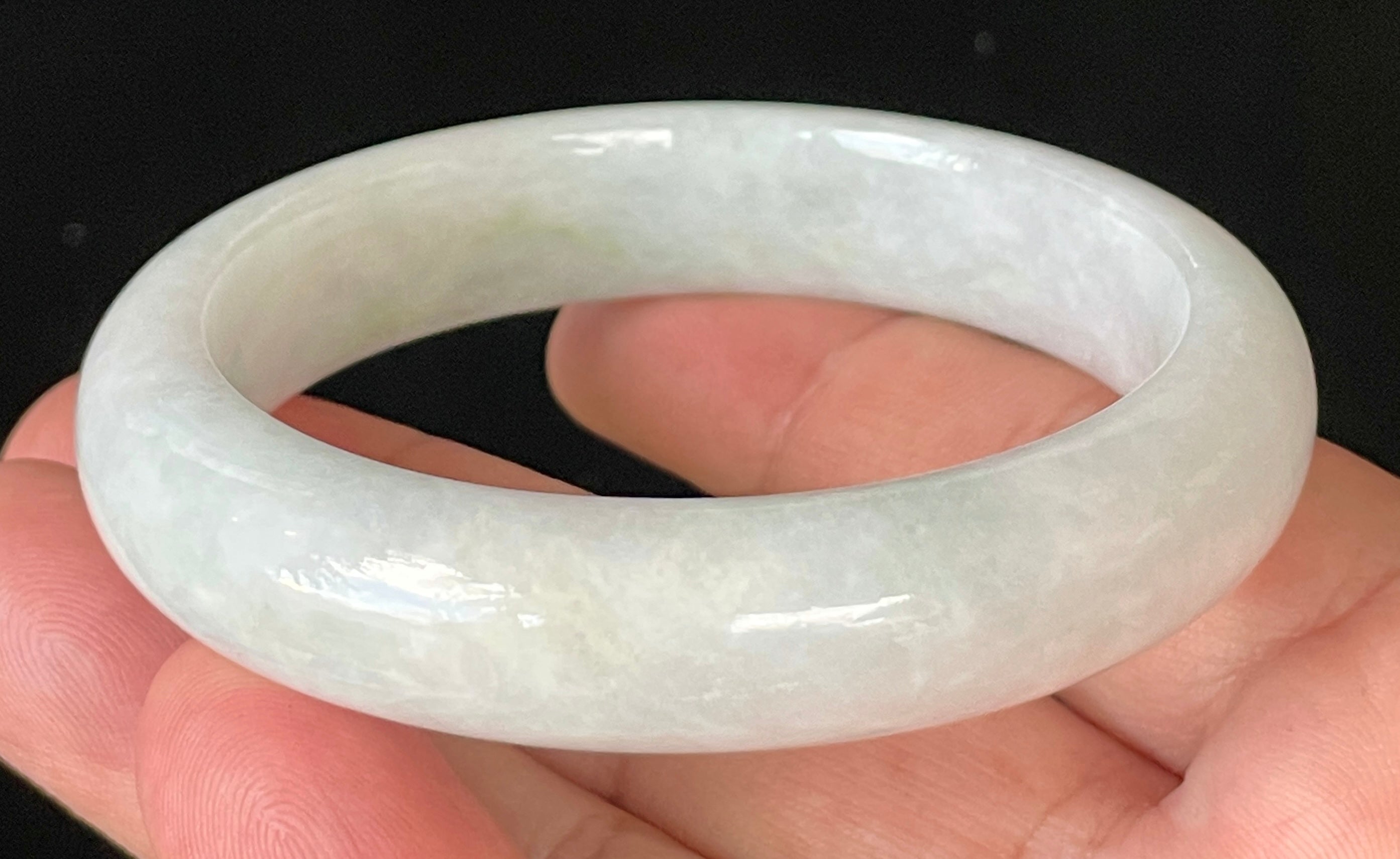 Natural Grade A Certified Burmese Jadeite Jade Bangle – Icy Milky White with Apple Green Hues – 57.5mm – JB921