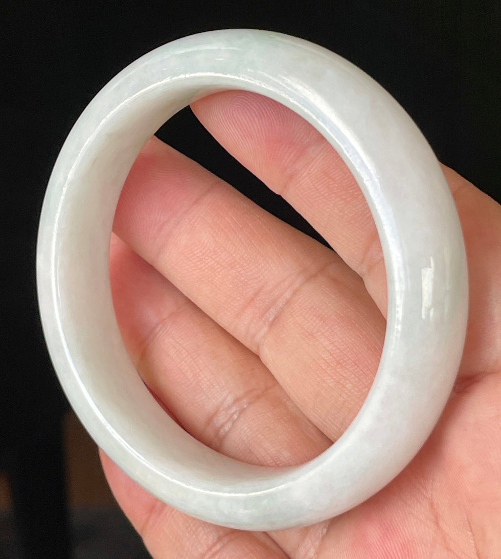 Natural Grade A Certified Burmese Jadeite Jade Bangle – Icy Milky White with Apple Green Hues – 57.5mm – JB921