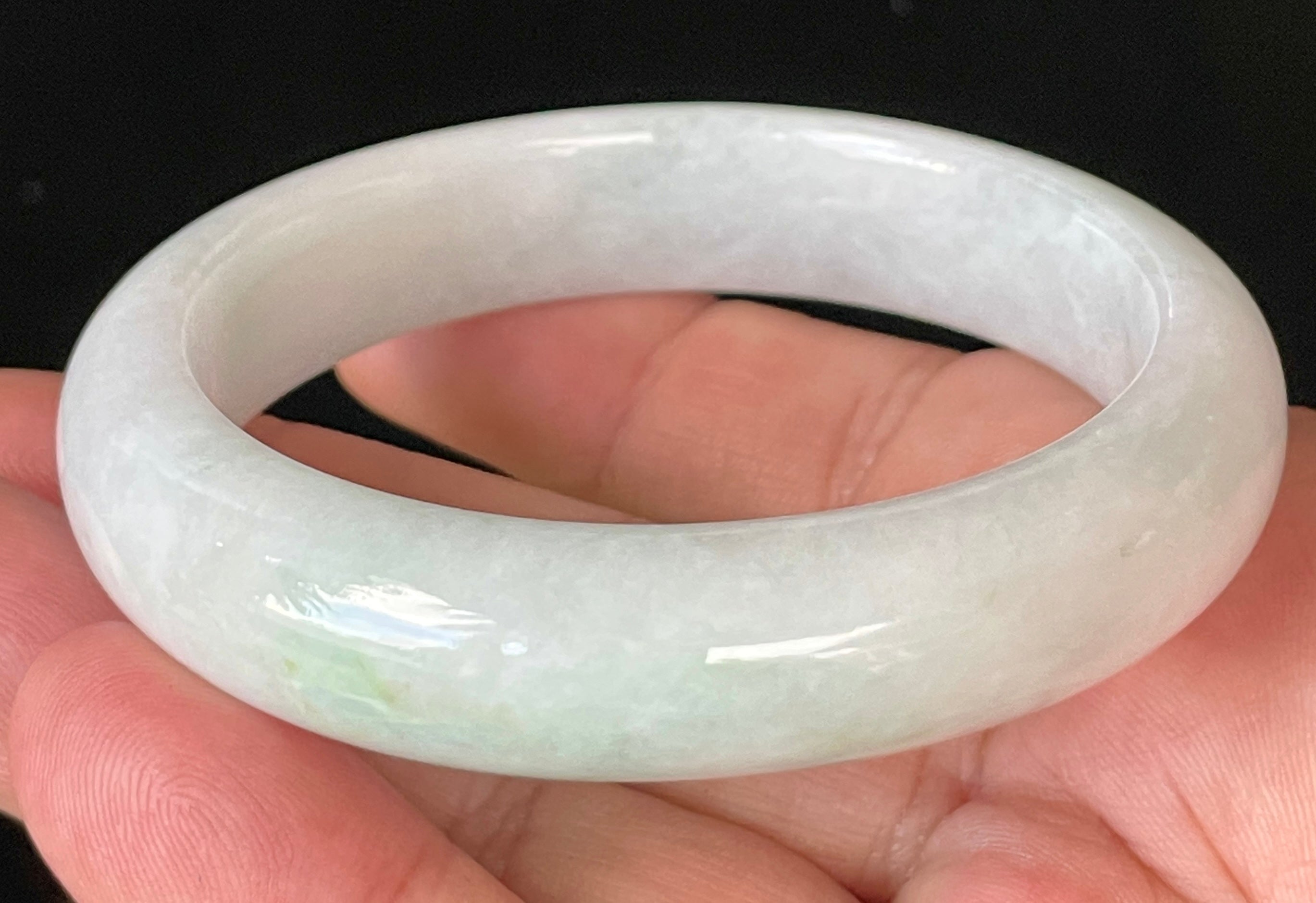 Natural Grade A Certified Burmese Jadeite Jade Bangle – Icy Milky White with Apple Green Hues – 57.5mm – JB921