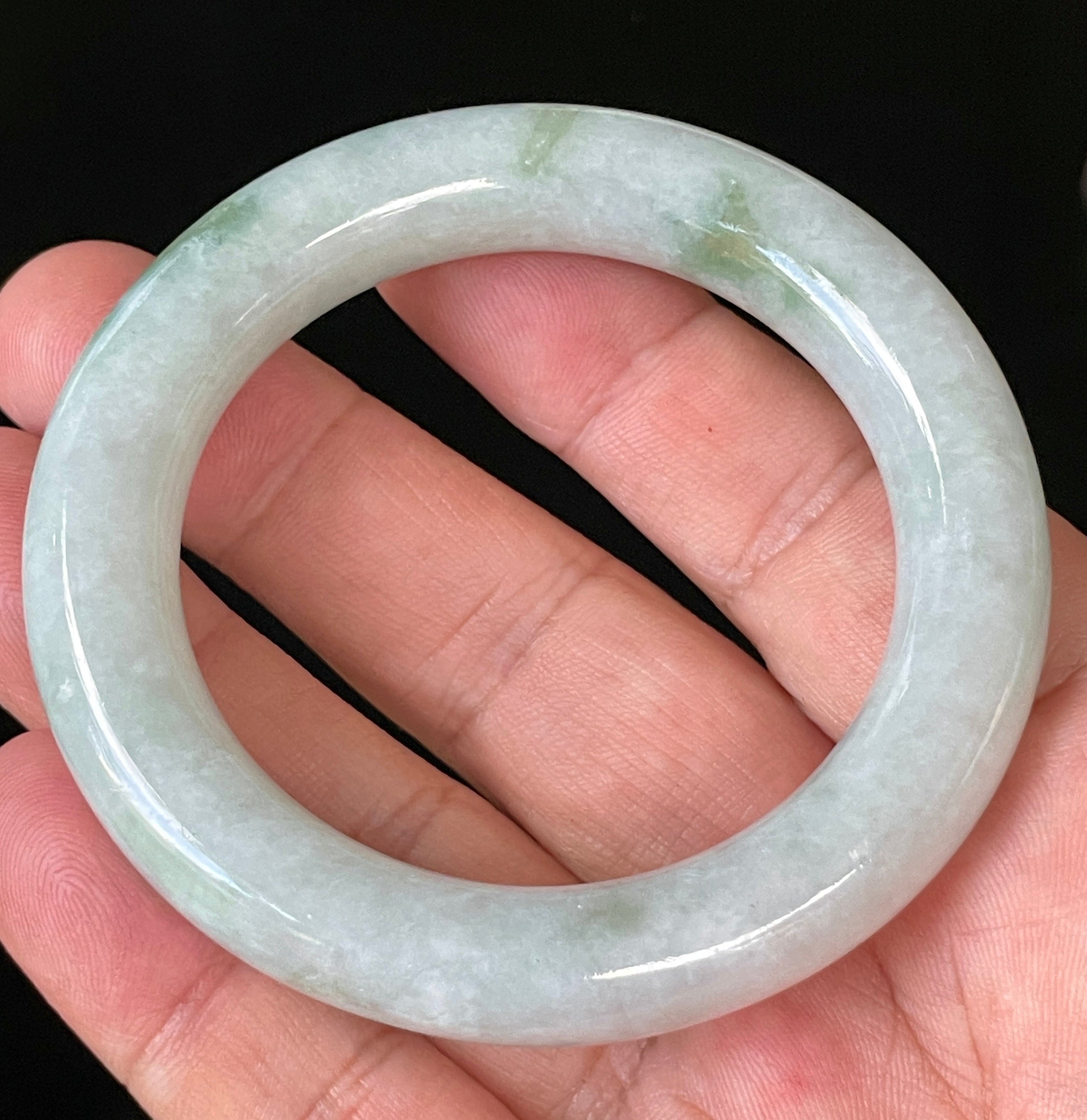 Natural Grade A Certified Burmese Jadeite Jade Bangle – Icy Milky White & Grey with Imperial & Apple Green Hues – Princess Cut – 52mm – JB913