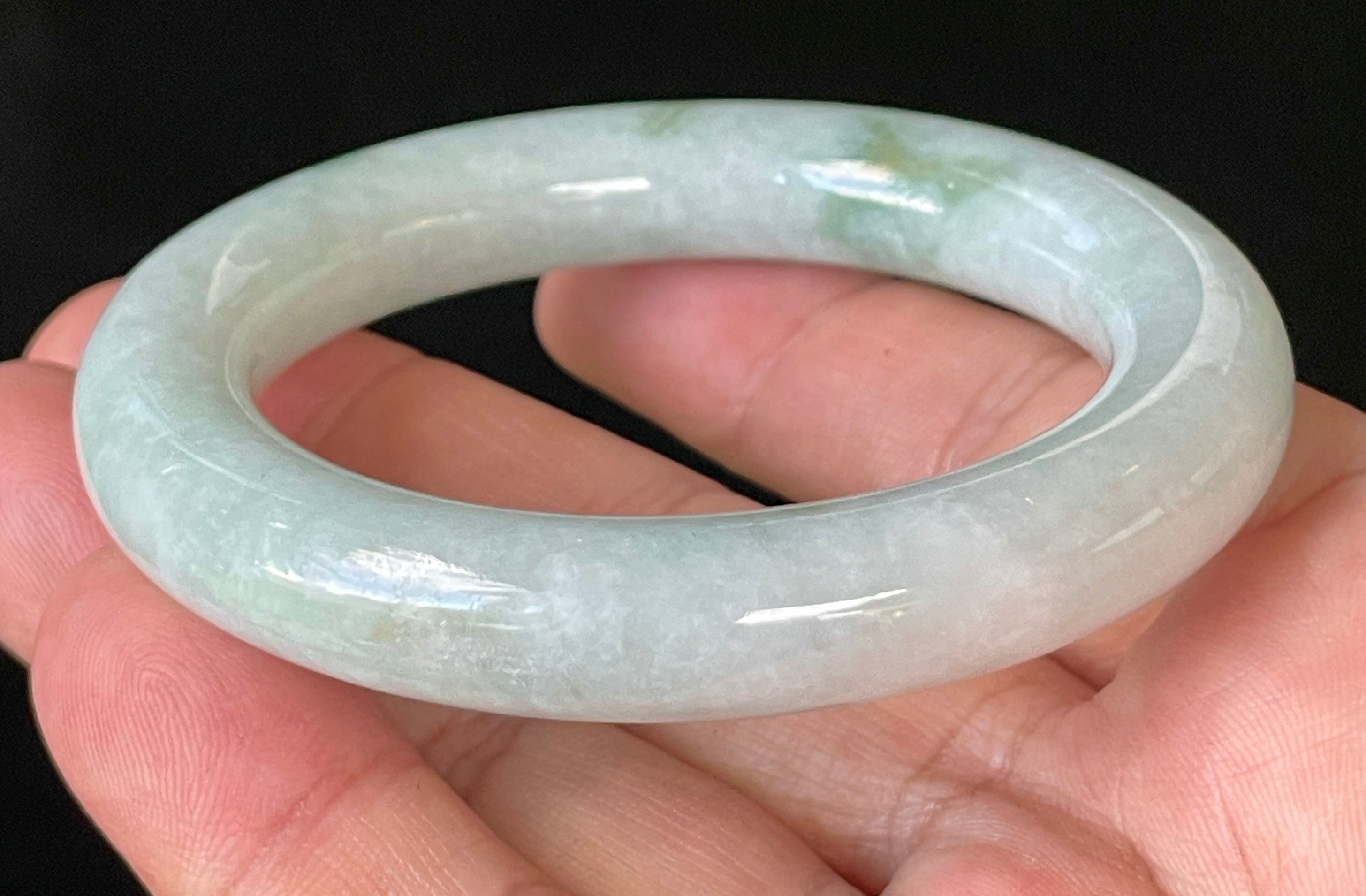 Natural Grade A Certified Burmese Jadeite Jade Bangle – Icy Milky White & Grey with Imperial & Apple Green Hues – Princess Cut – 52mm – JB913