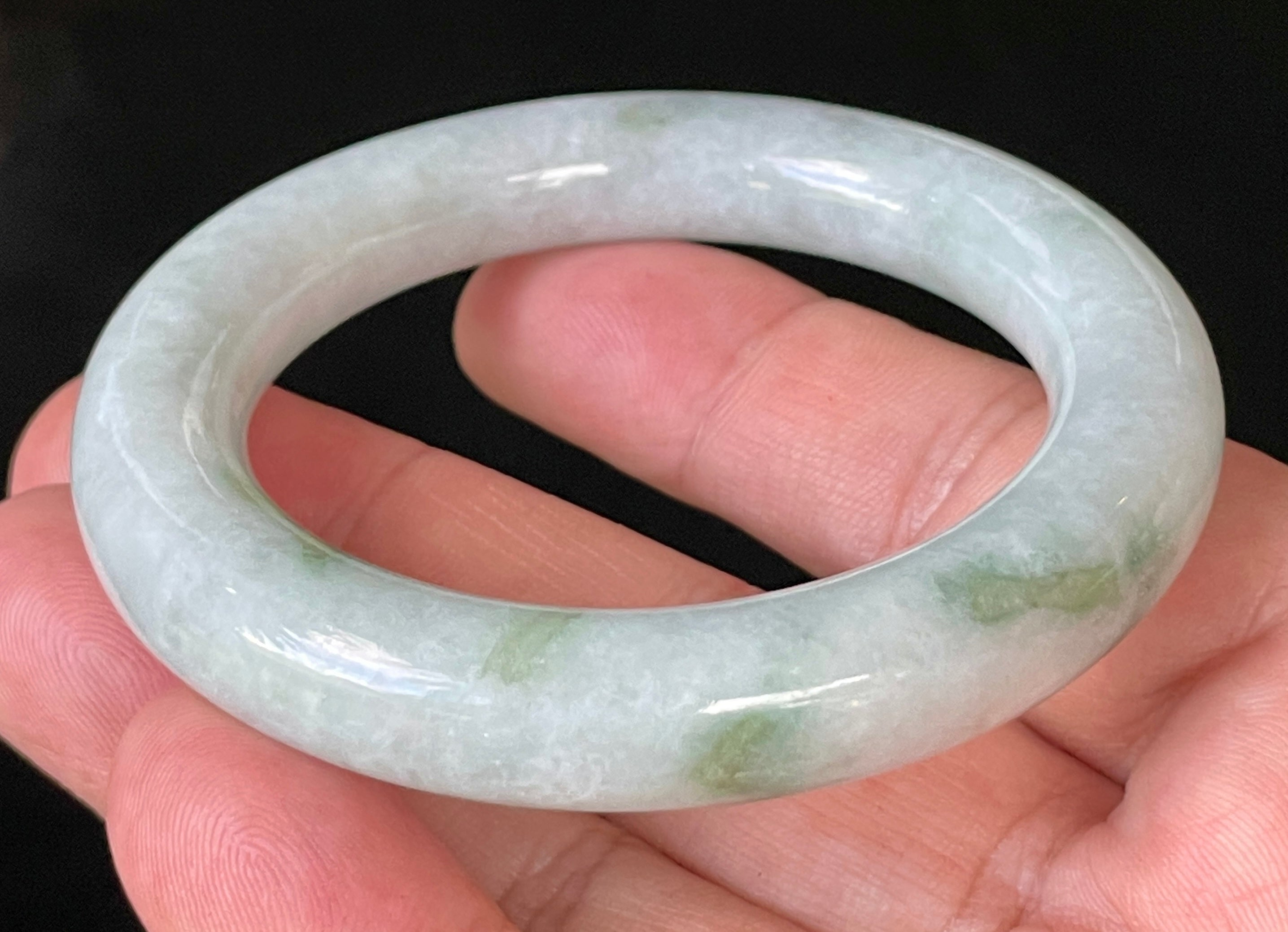 Natural Grade A Certified Burmese Jadeite Jade Bangle – Icy Milky White & Grey with Imperial & Apple Green Hues – Princess Cut – 52mm – JB913