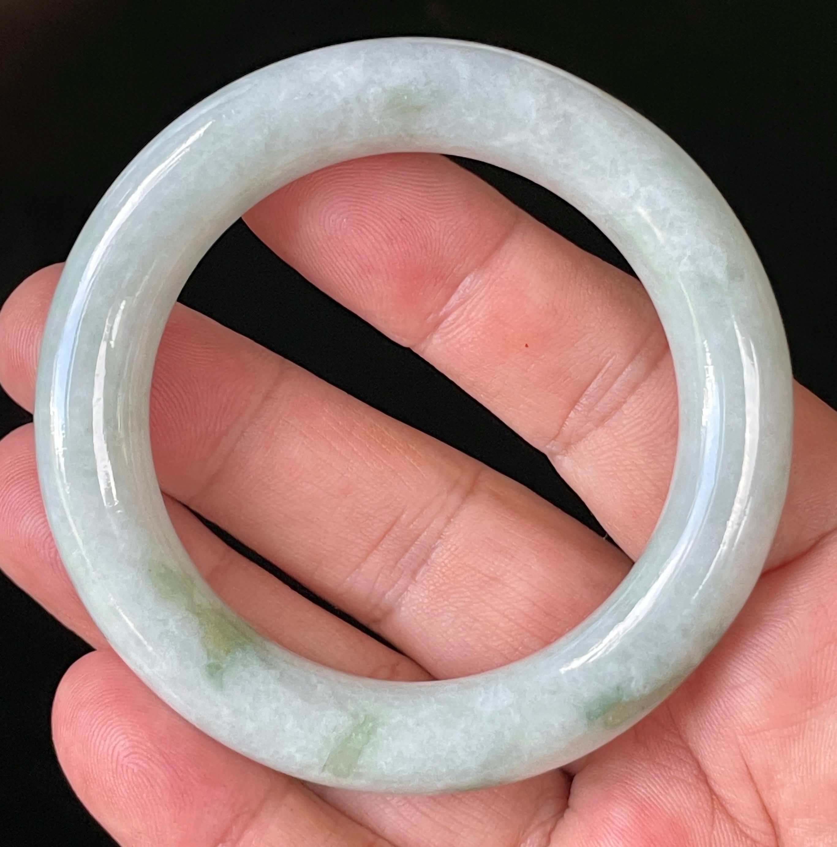 Natural Grade A Certified Burmese Jadeite Jade Bangle – Icy Milky White & Grey with Imperial & Apple Green Hues – Princess Cut – 52mm – JB913