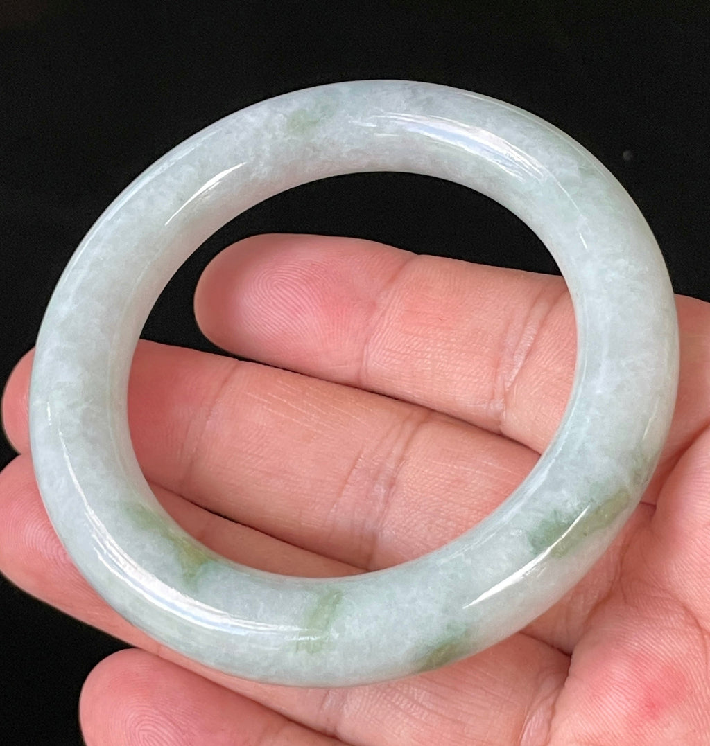 Natural Grade A Certified Burmese Jadeite Jade Bangle – Icy Milky White & Grey with Imperial & Apple Green Hues – Princess Cut – 52mm – JB913