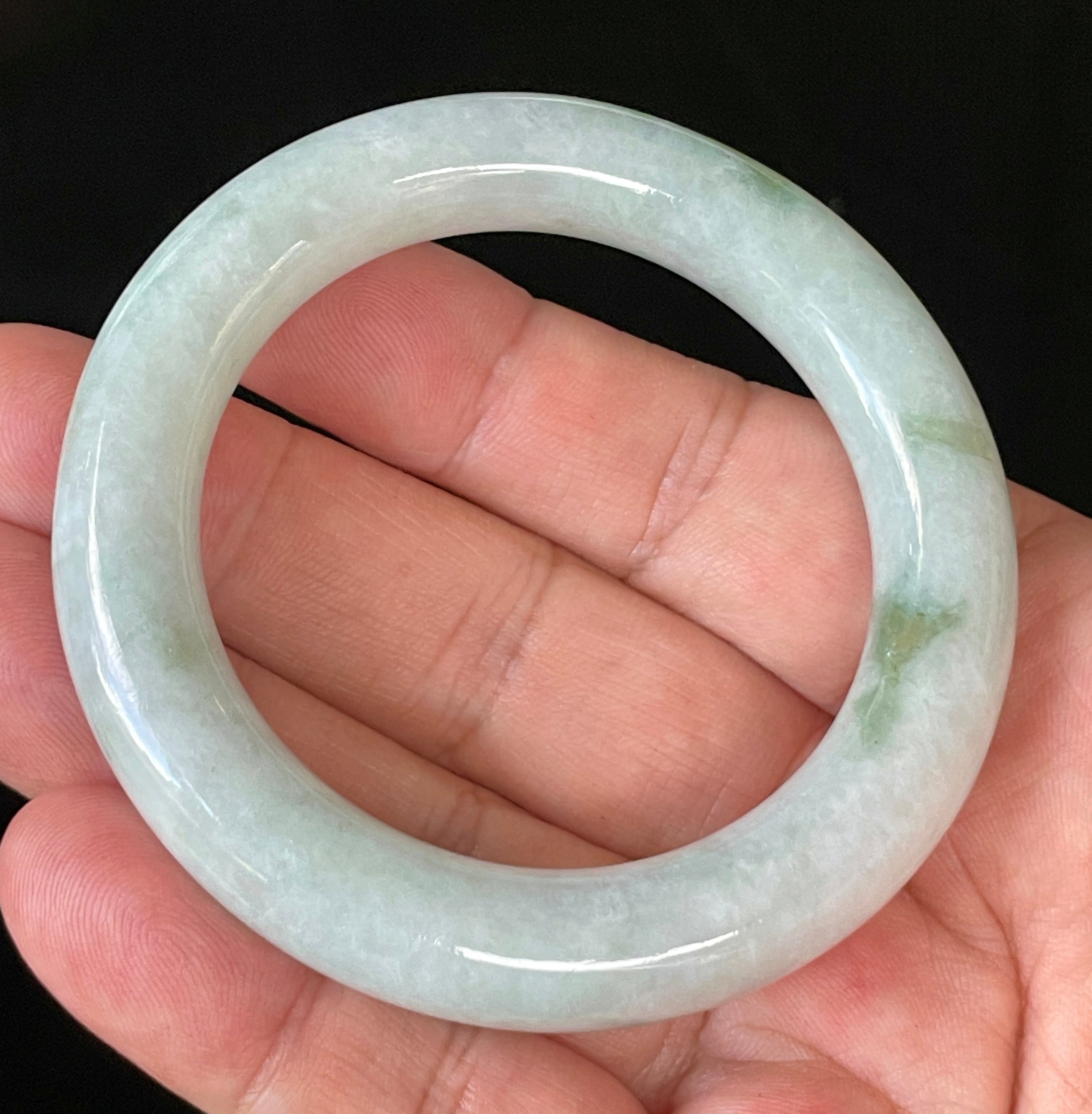 Natural Grade A Certified Burmese Jadeite Jade Bangle – Icy Milky White & Grey with Imperial & Apple Green Hues – Princess Cut – 52mm – JB913