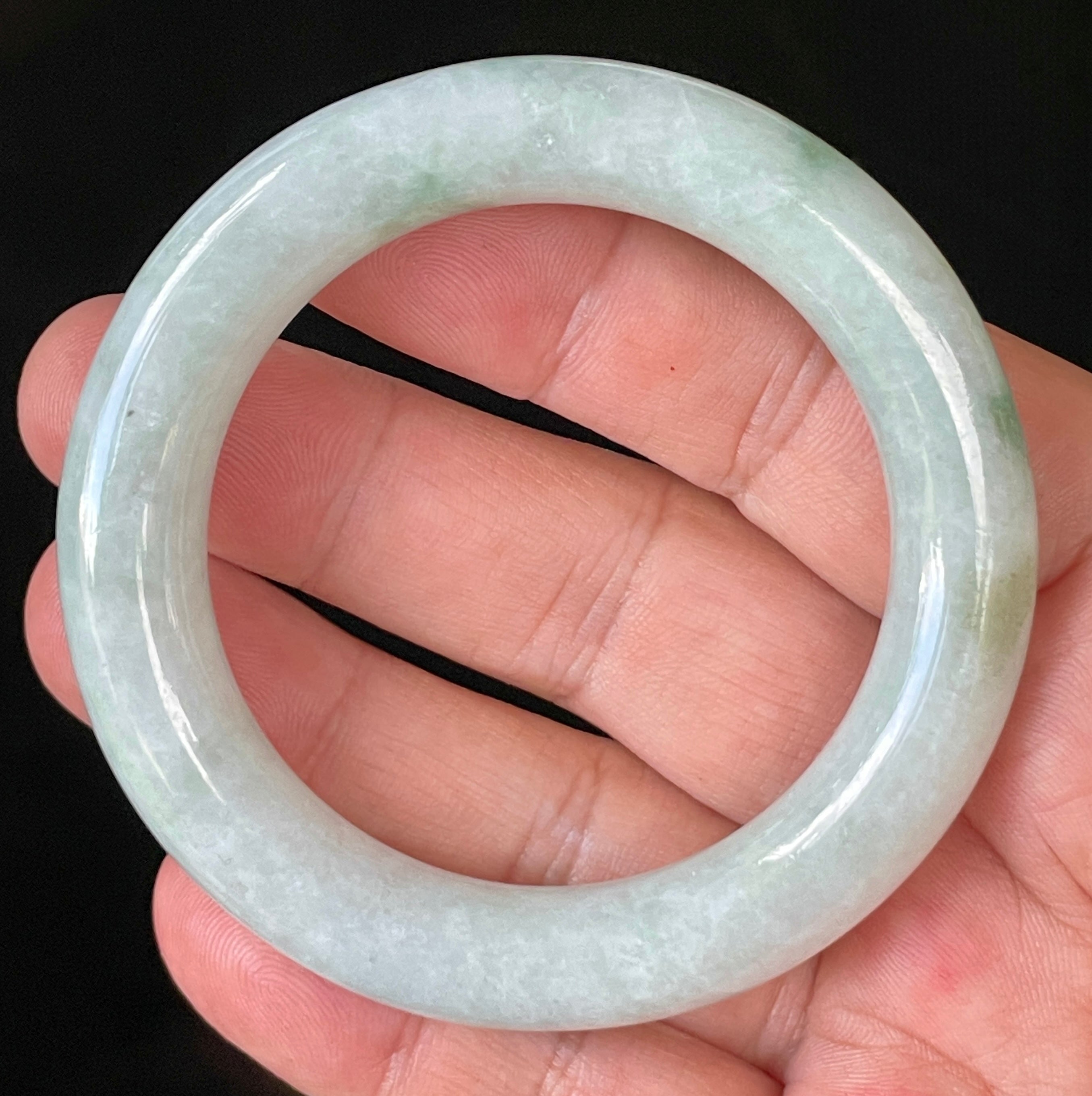Natural Grade A Certified Burmese Jadeite Jade Bangle – Icy Milky White & Grey with Imperial & Apple Green Hues – Princess Cut – 52mm – JB913