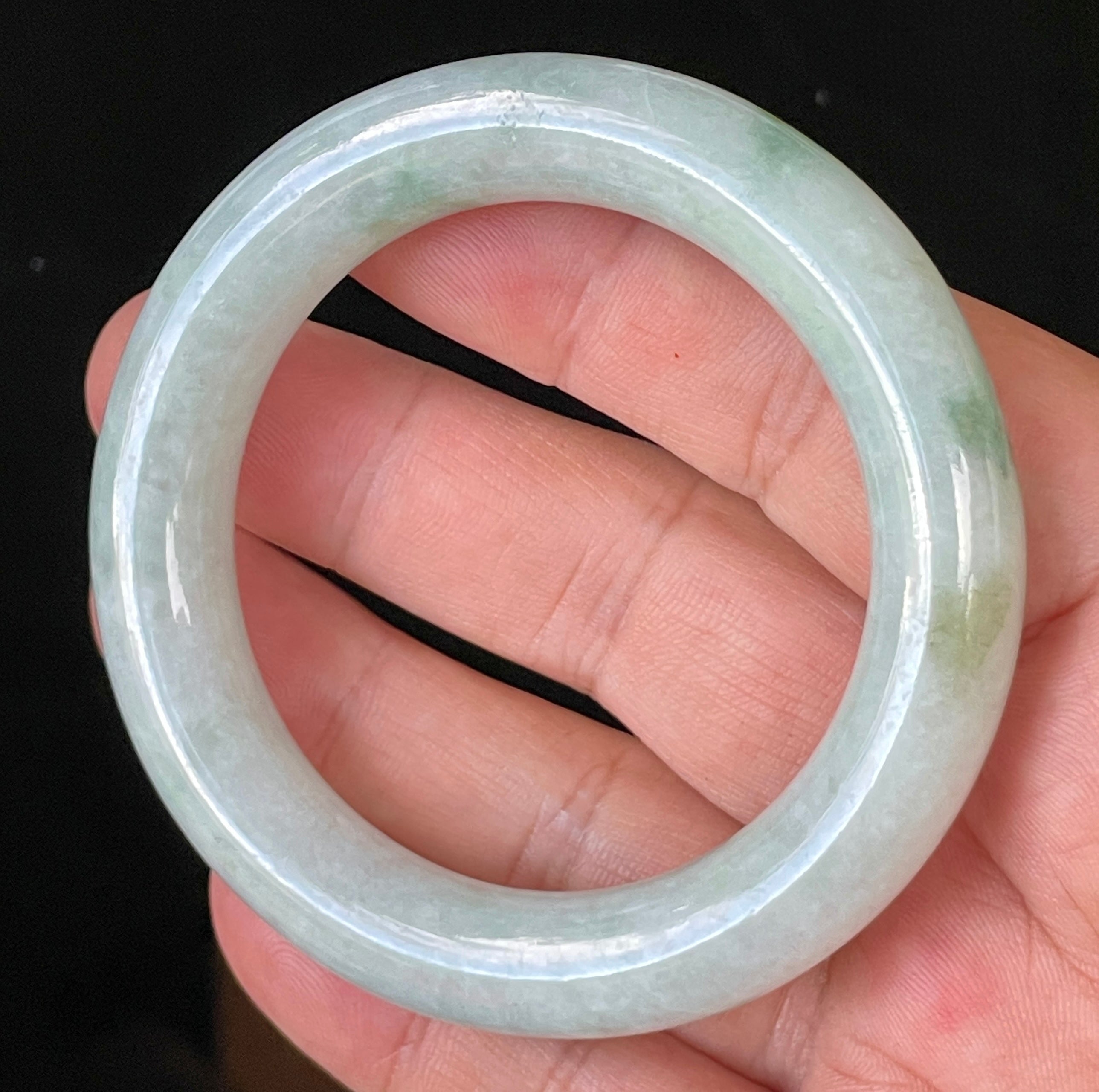 Natural Grade A Certified Burmese Jadeite Jade Bangle – Icy Milky White & Grey with Imperial & Apple Green Hues – Princess Cut – 52mm – JB913