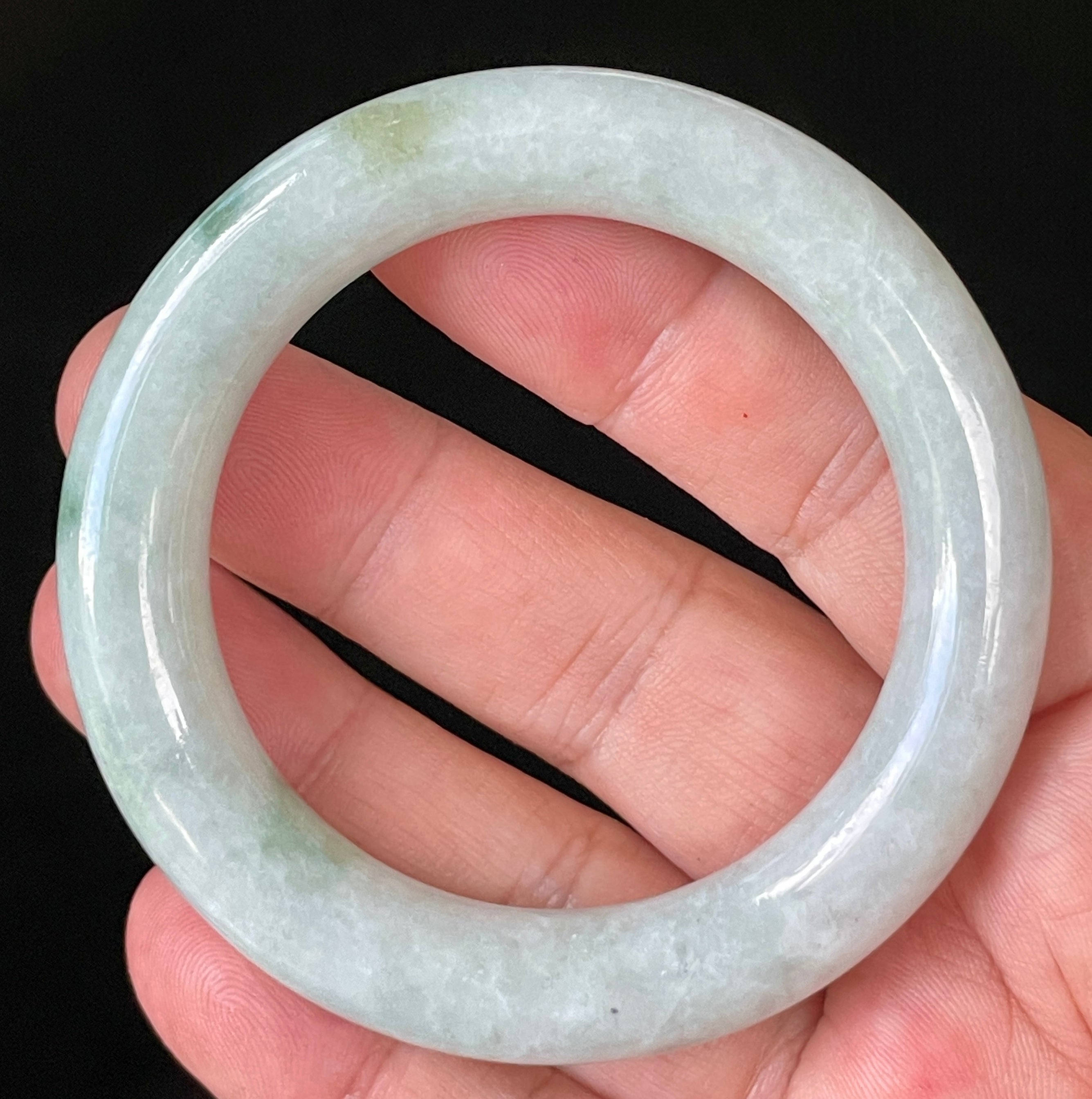 Natural Grade A Certified Burmese Jadeite Jade Bangle – Icy Milky White & Grey with Imperial & Apple Green Hues – Princess Cut – 52mm – JB913