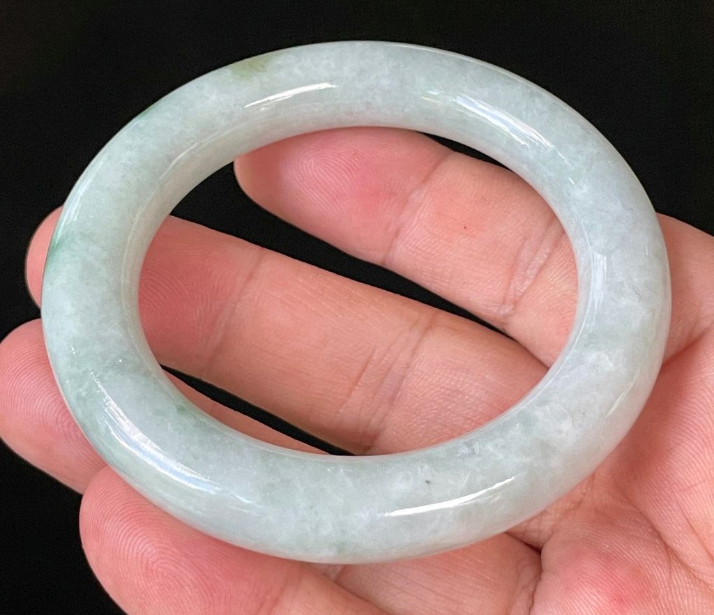 Natural Grade A Certified Burmese Jadeite Jade Bangle – Icy Milky White & Grey with Imperial & Apple Green Hues – Princess Cut – 52mm – JB913