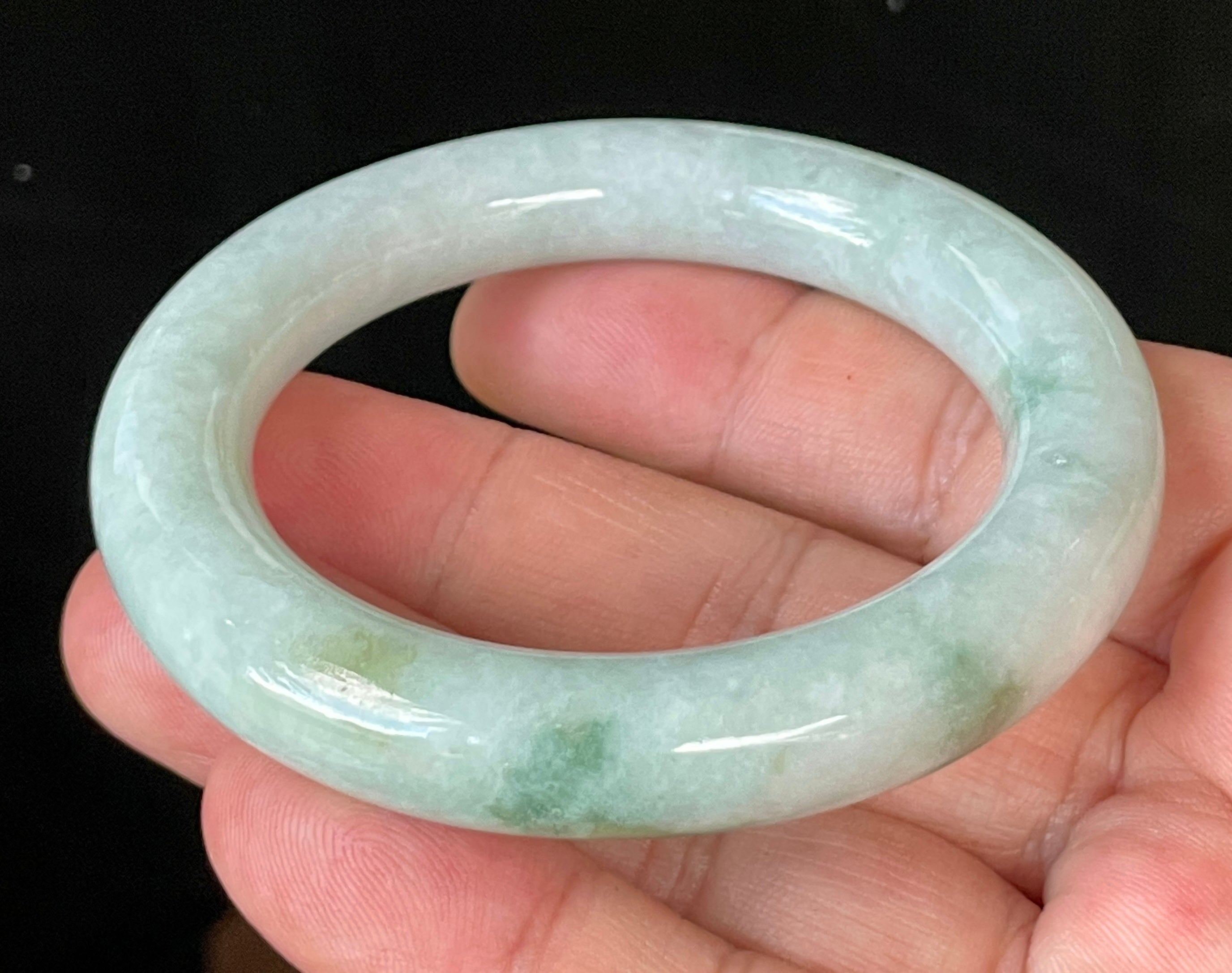 Natural Grade A Certified Burmese Jadeite Jade Bangle – Icy Milky White & Grey with Imperial & Apple Green Hues – Princess Cut – 52mm – JB913