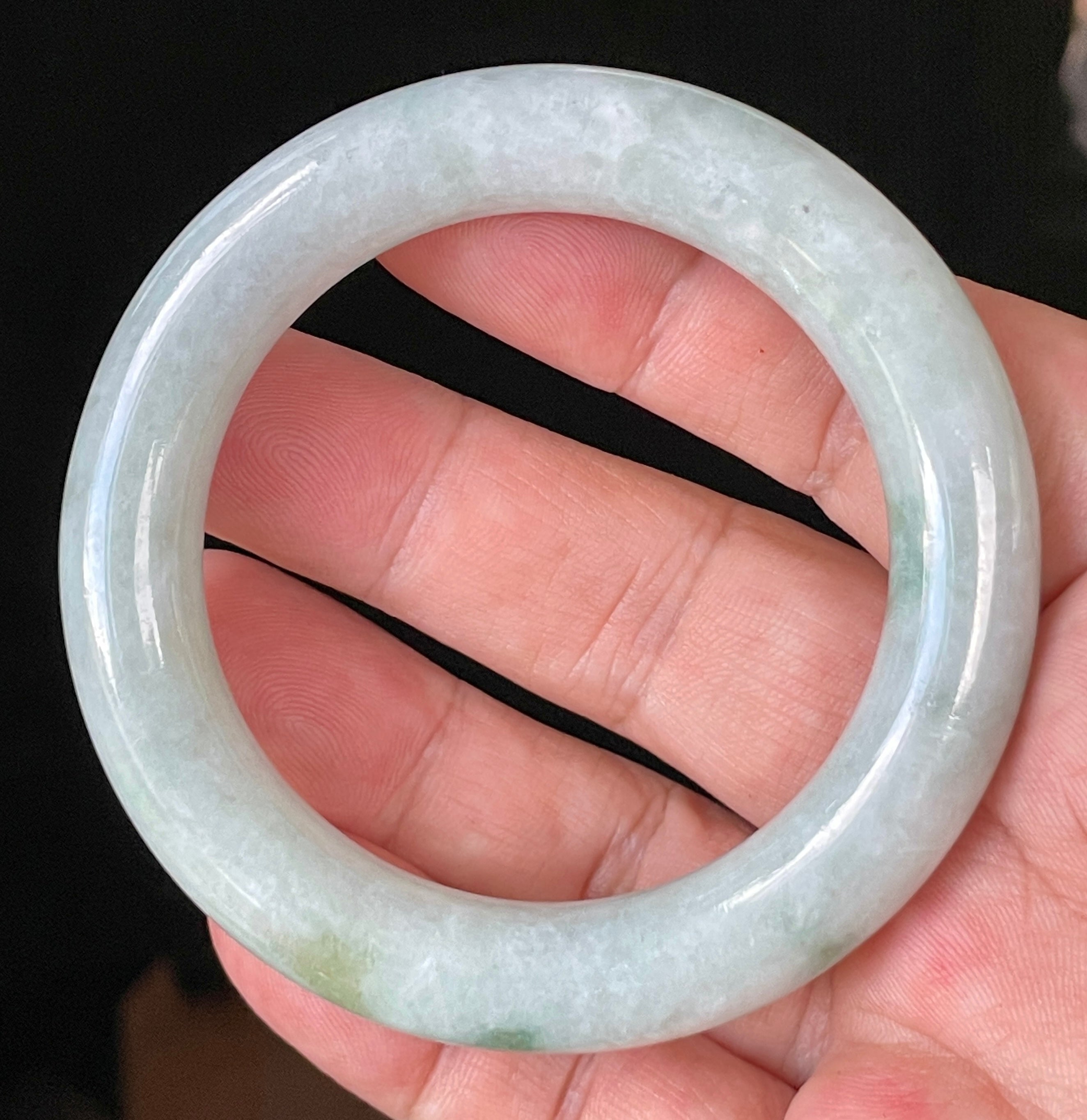 Natural Grade A Certified Burmese Jadeite Jade Bangle – Icy Milky White & Grey with Imperial & Apple Green Hues – Princess Cut – 52mm – JB913
