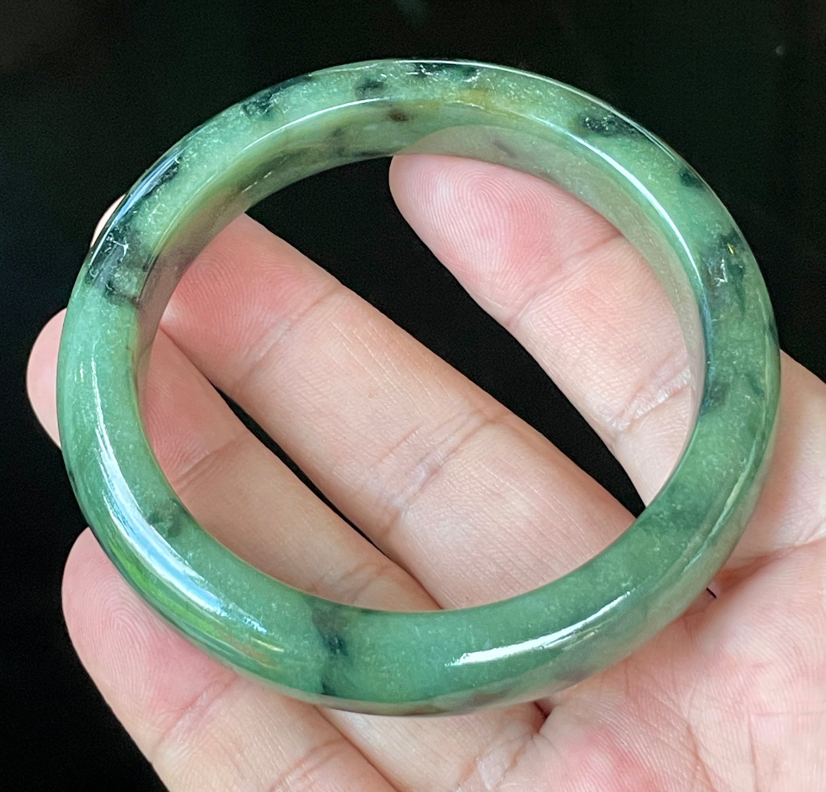 Natural Grade A Certified Burmese Jadeite Jade Bangle – Icy Apple Green with Black Floral Design & Natural Off-White Specks – 58mm – JB905