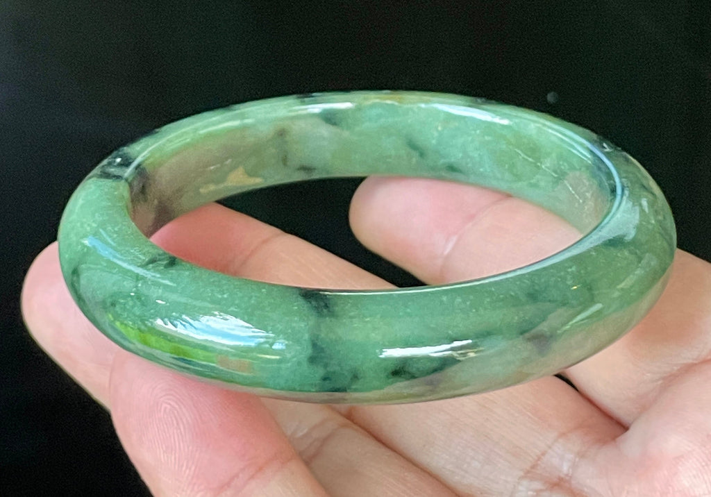 Natural Grade A Certified Burmese Jadeite Jade Bangle – Icy Apple Green with Black Floral Design & Natural Off-White Specks – 58mm – JB905