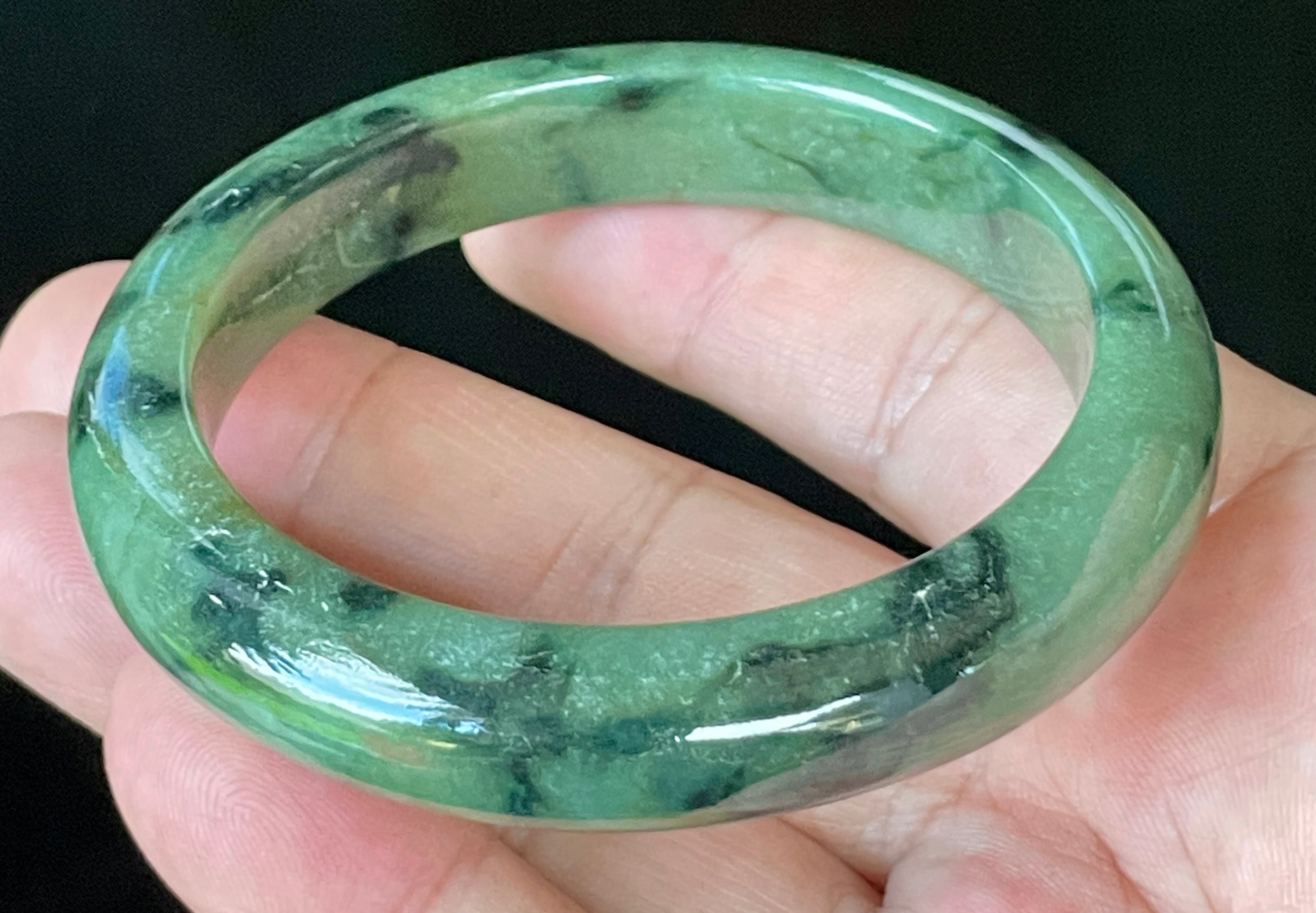 Natural Grade A Certified Burmese Jadeite Jade Bangle – Icy Apple Green with Black Floral Design & Natural Off-White Specks – 58mm – JB905