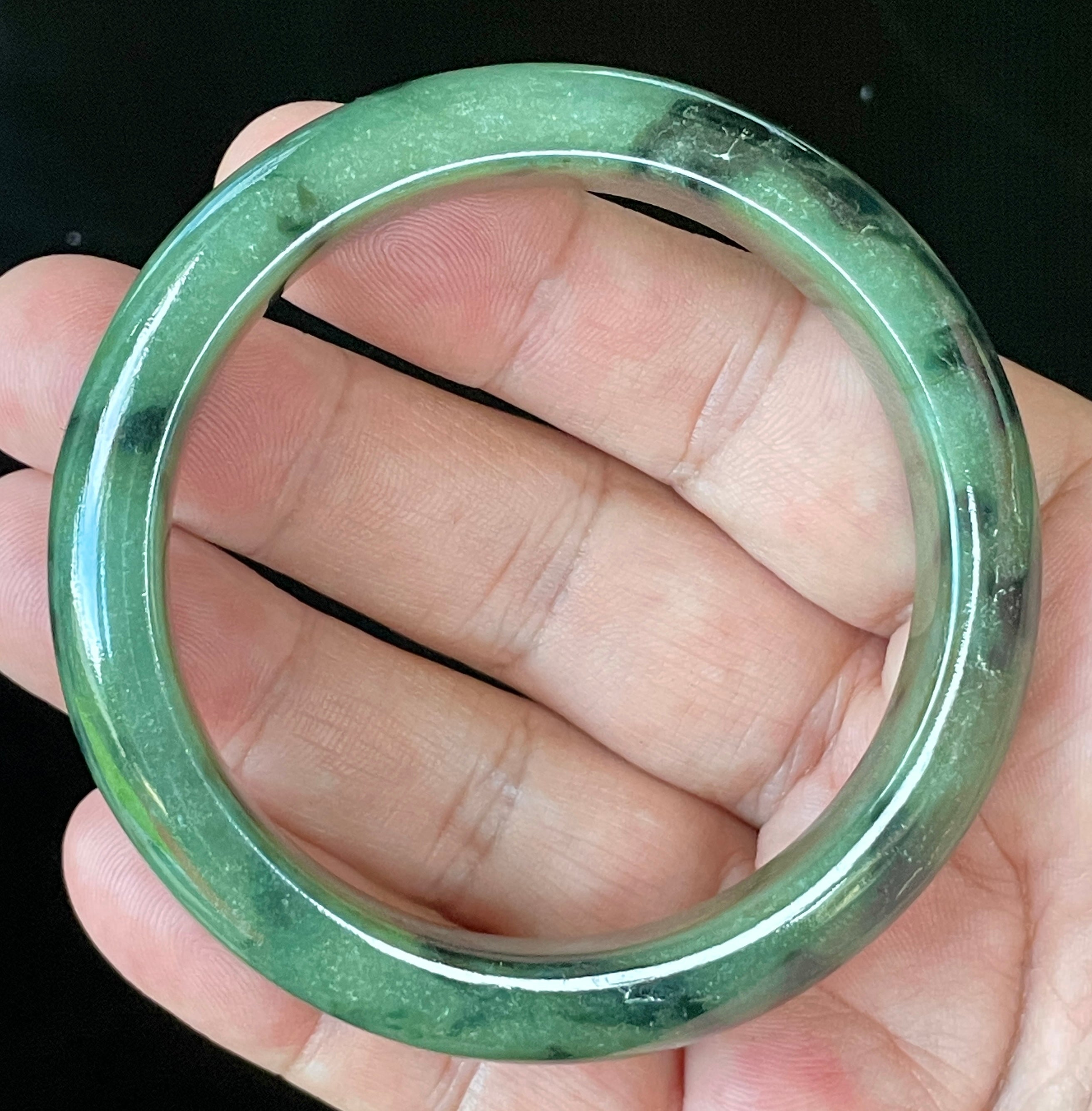 Natural Grade A Certified Burmese Jadeite Jade Bangle – Icy Apple Green with Black Floral Design & Natural Off-White Specks – 58mm – JB905