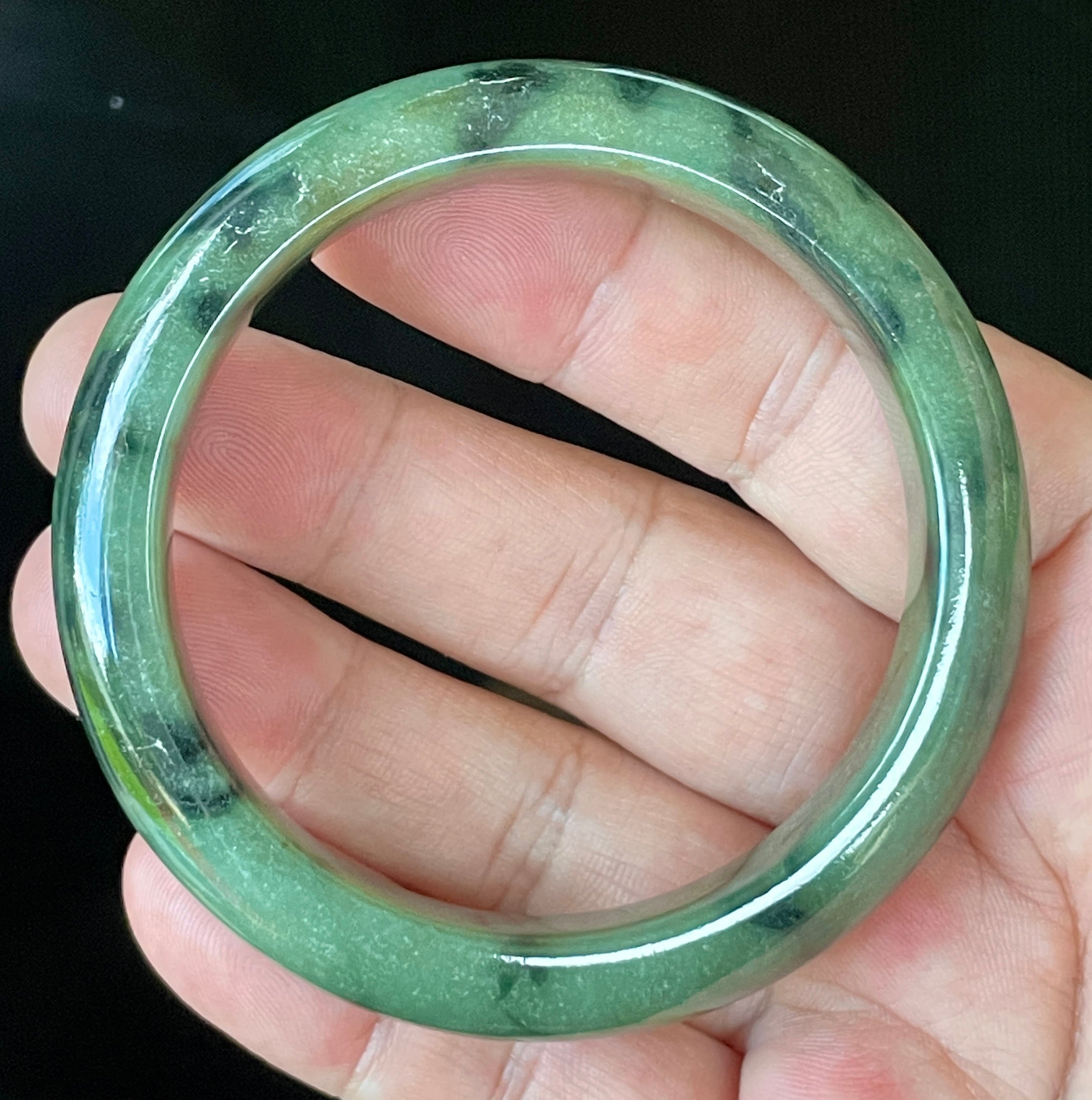 Natural Grade A Certified Burmese Jadeite Jade Bangle – Icy Apple Green with Black Floral Design & Natural Off-White Specks – 58mm – JB905