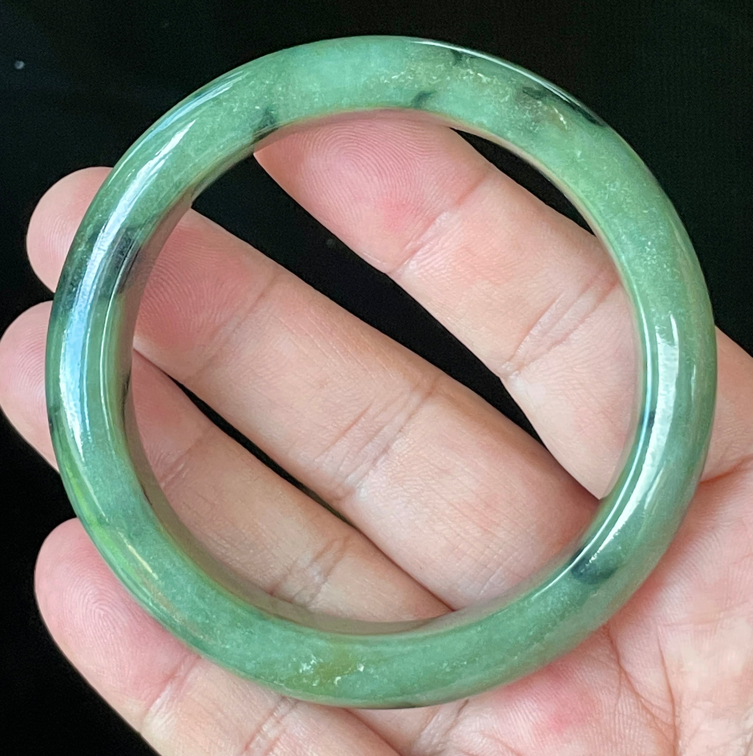 Natural Grade A Certified Burmese Jadeite Jade Bangle – Icy Apple Green with Black Floral Design & Natural Off-White Specks – 58mm – JB905