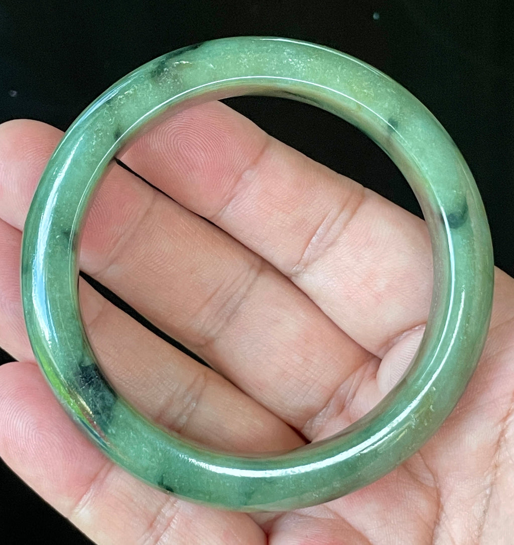 Natural Grade A Certified Burmese Jadeite Jade Bangle – Icy Apple Green with Black Floral Design & Natural Off-White Specks – 58mm – JB905