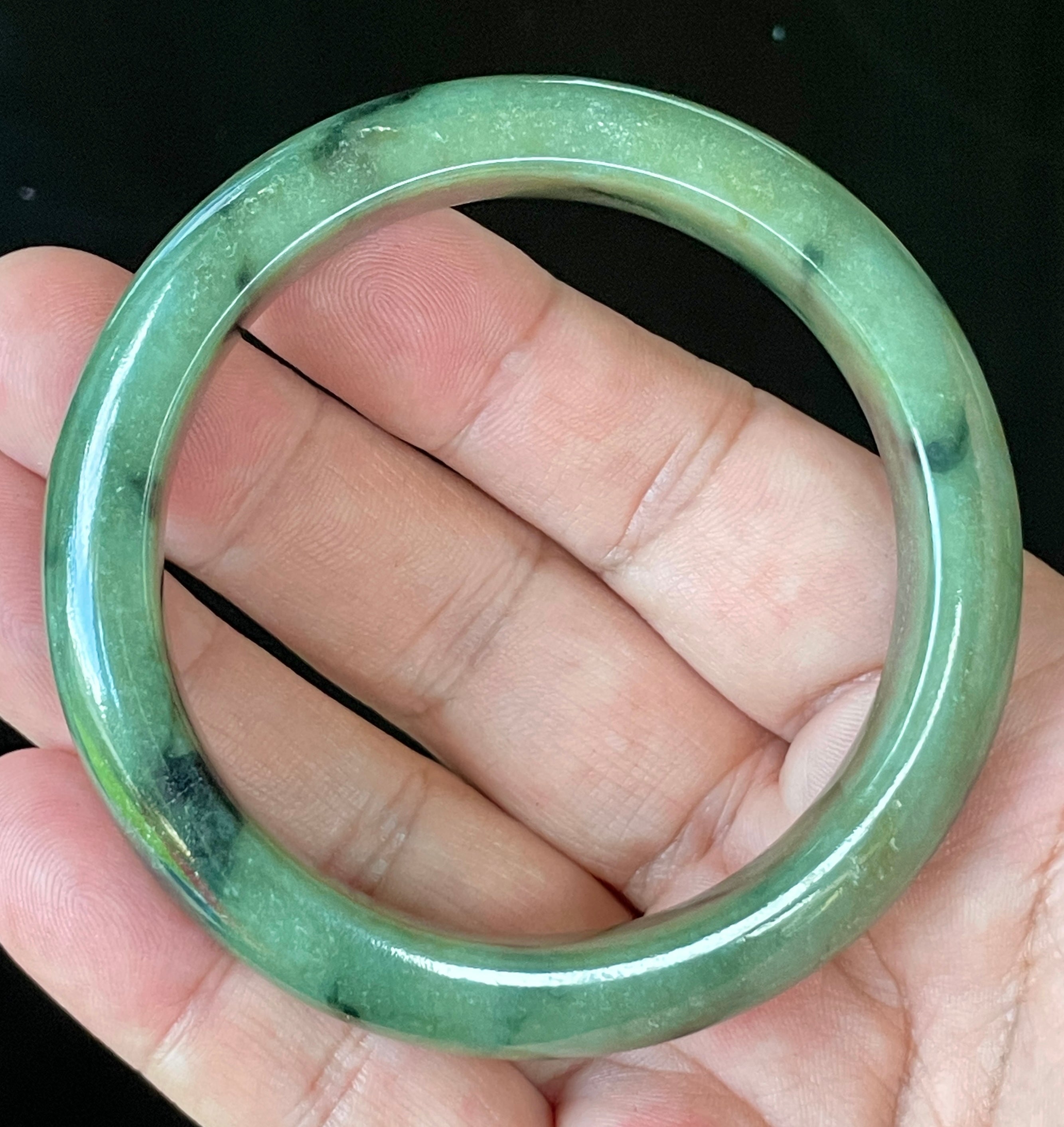 Natural Grade A Certified Burmese Jadeite Jade Bangle – Icy Apple Green with Black Floral Design & Natural Off-White Specks – 58mm – JB905