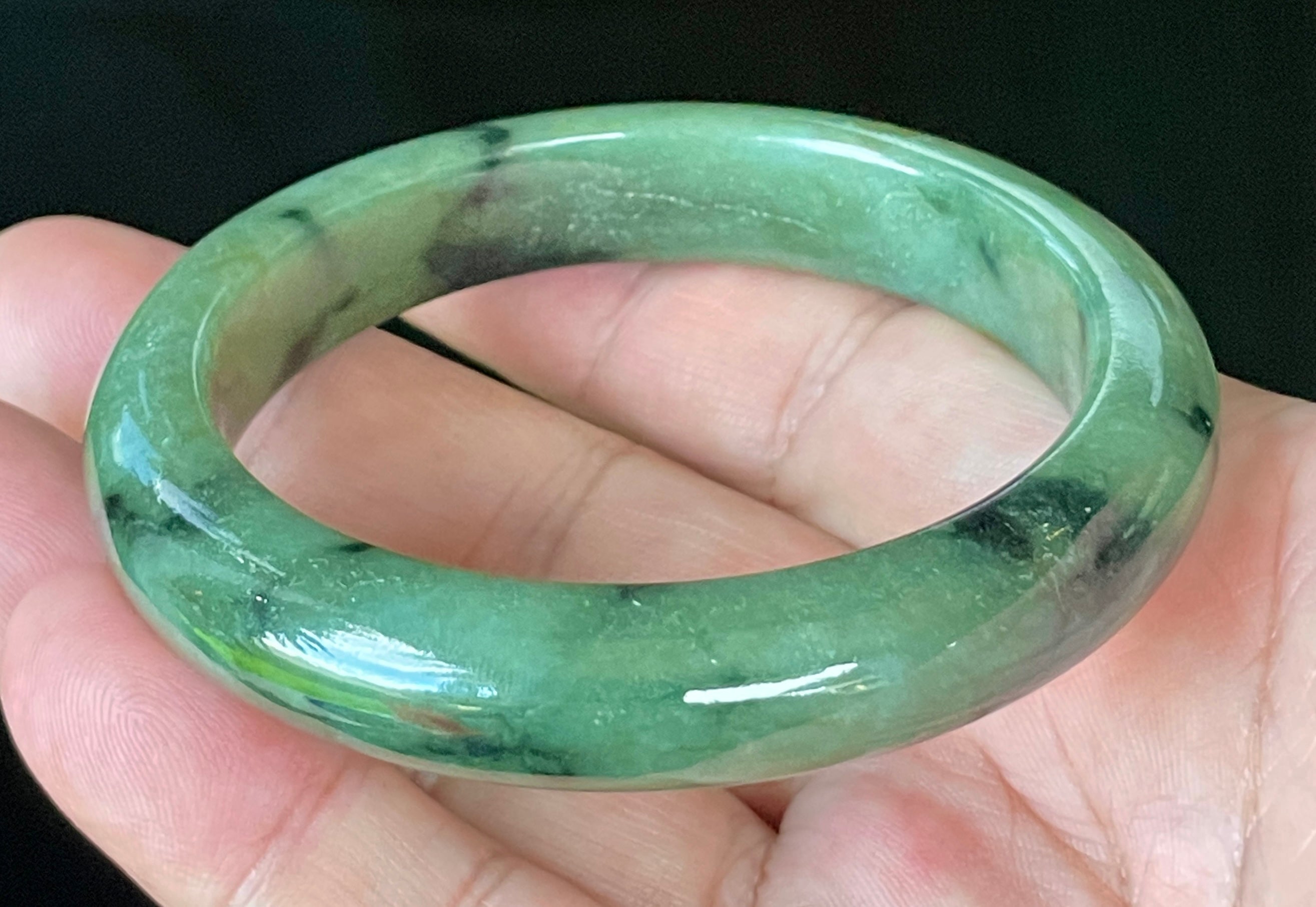 Natural Grade A Certified Burmese Jadeite Jade Bangle – Icy Apple Green with Black Floral Design & Natural Off-White Specks – 58mm – JB905