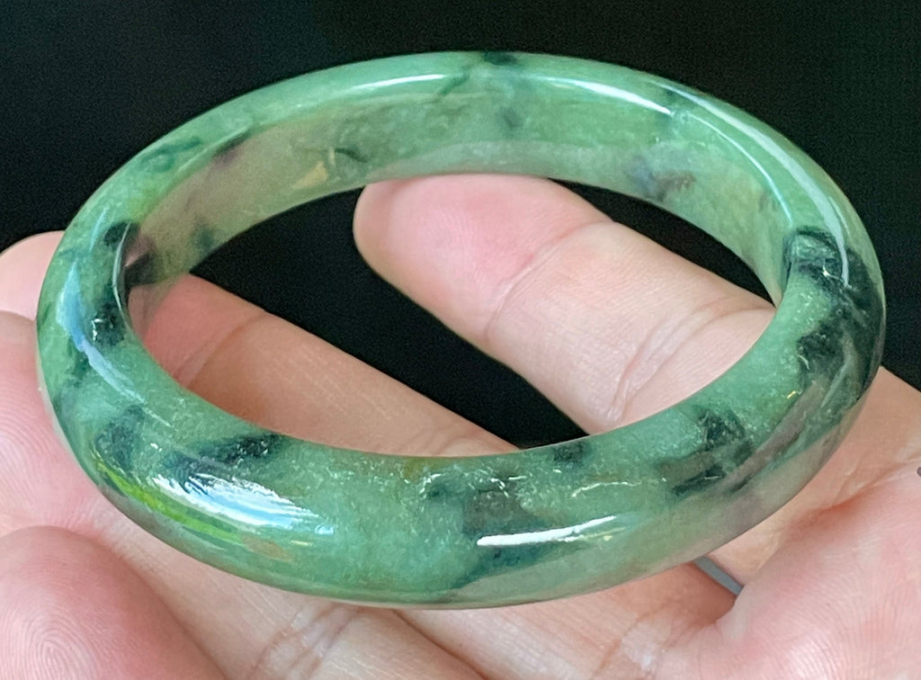 Natural Grade A Certified Burmese Jadeite Jade Bangle – Icy Apple Green with Black Floral Design & Natural Off-White Specks – 58mm – JB905