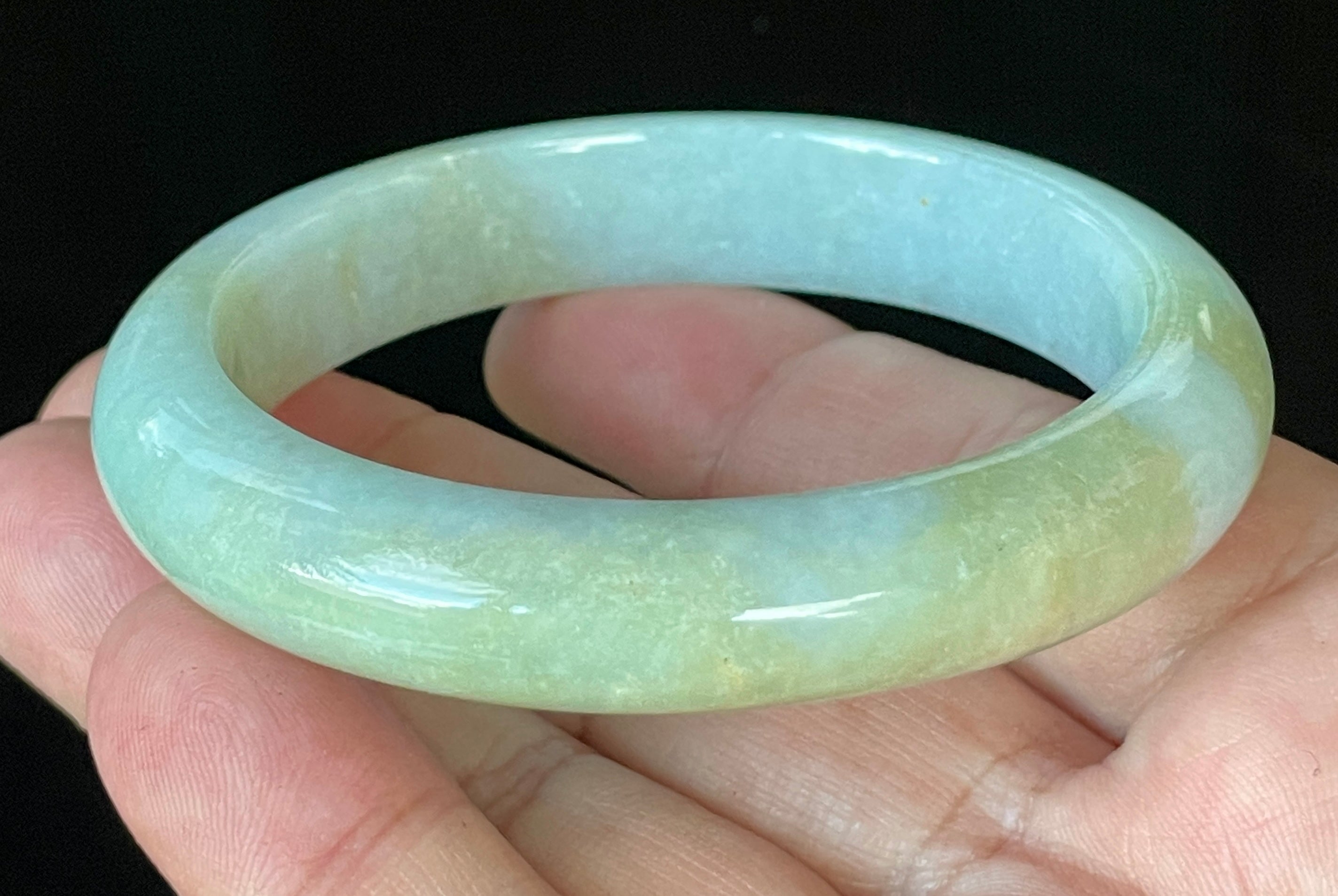 Natural Grade A Certified Burmese Jadeite Jade Bangle – Icy Apple Green with Light Lavender & Milky White Hues – 57mm – JB912