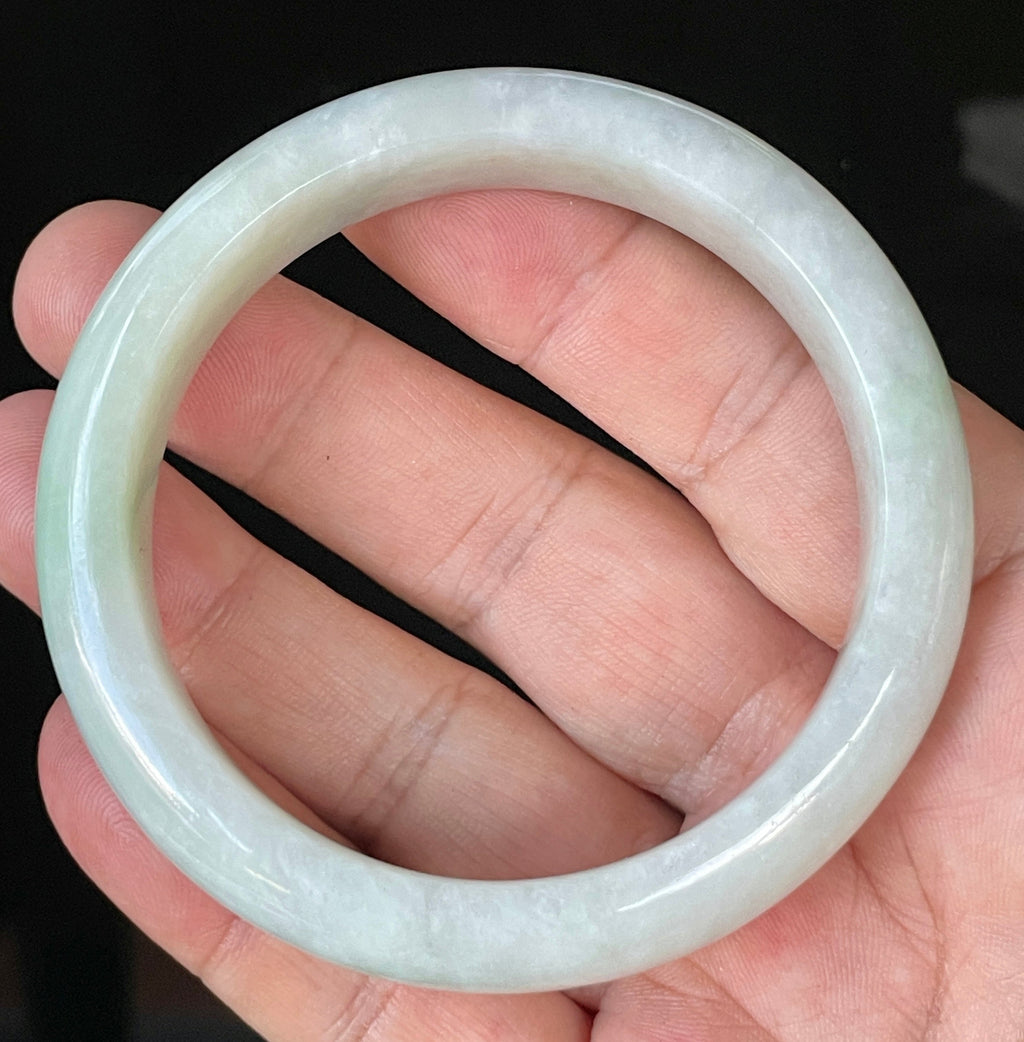 Natural Grade A Certified Burmese Jadeite Jade Bangle – Icy Greyish Milky White with Apple Green Hues – 58.5mm – JB910