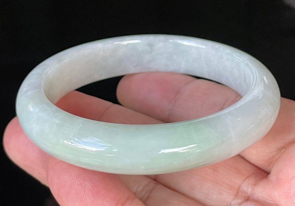 Natural Grade A Certified Burmese Jadeite Jade Bangle – Icy Greyish Milky White with Apple Green Hues – 58.5mm – JB910