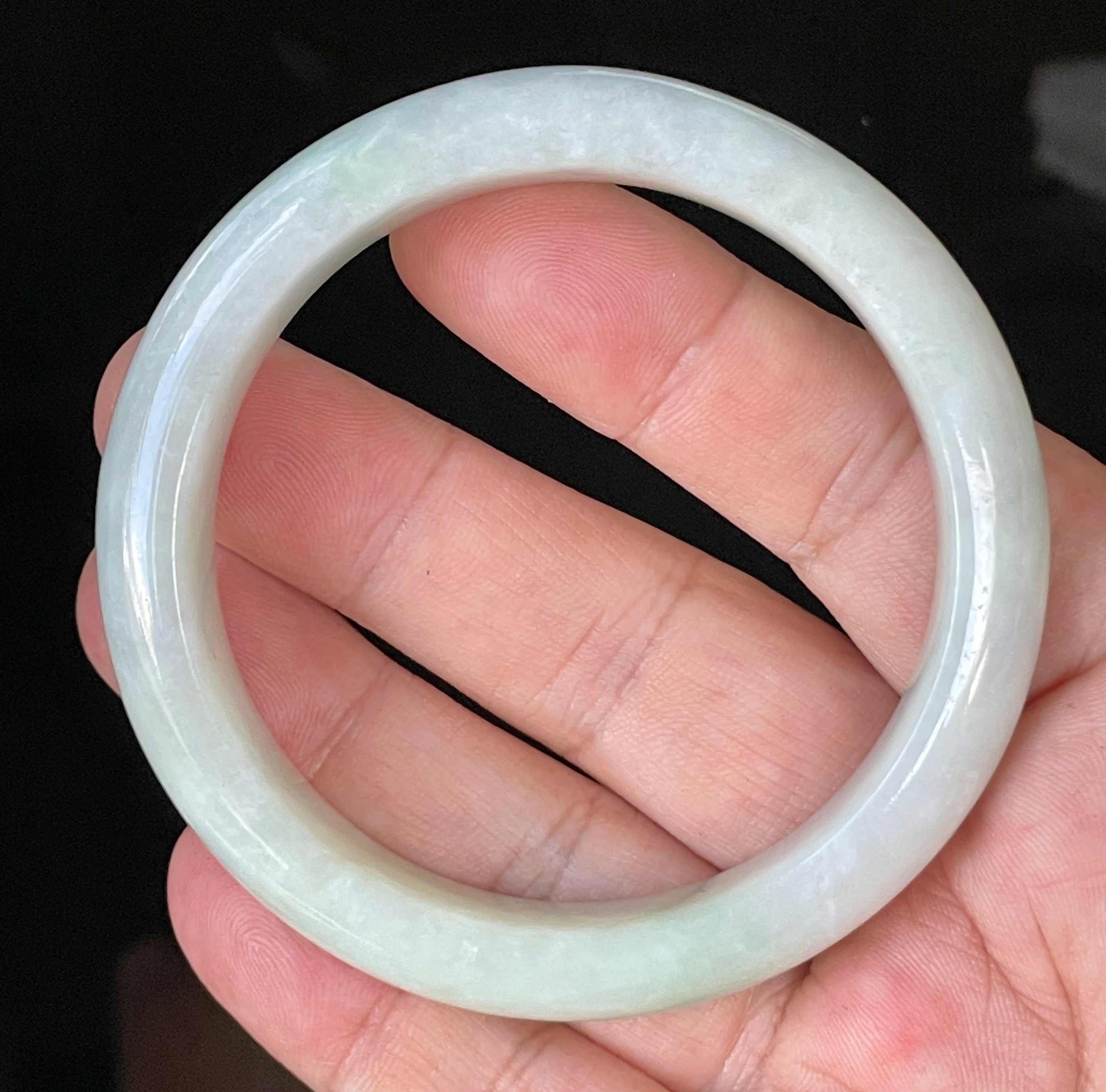Natural Grade A Certified Burmese Jadeite Jade Bangle – Icy Greyish Milky White with Apple Green Hues – 58.5mm – JB910