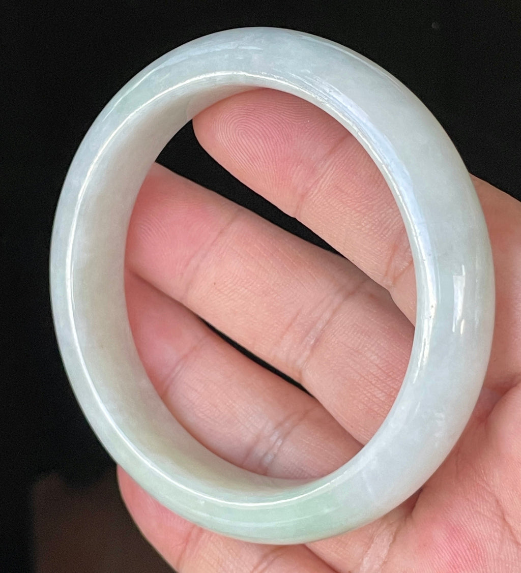 Natural Grade A Certified Burmese Jadeite Jade Bangle – Icy Greyish Milky White with Apple Green Hues – 58.5mm – JB910