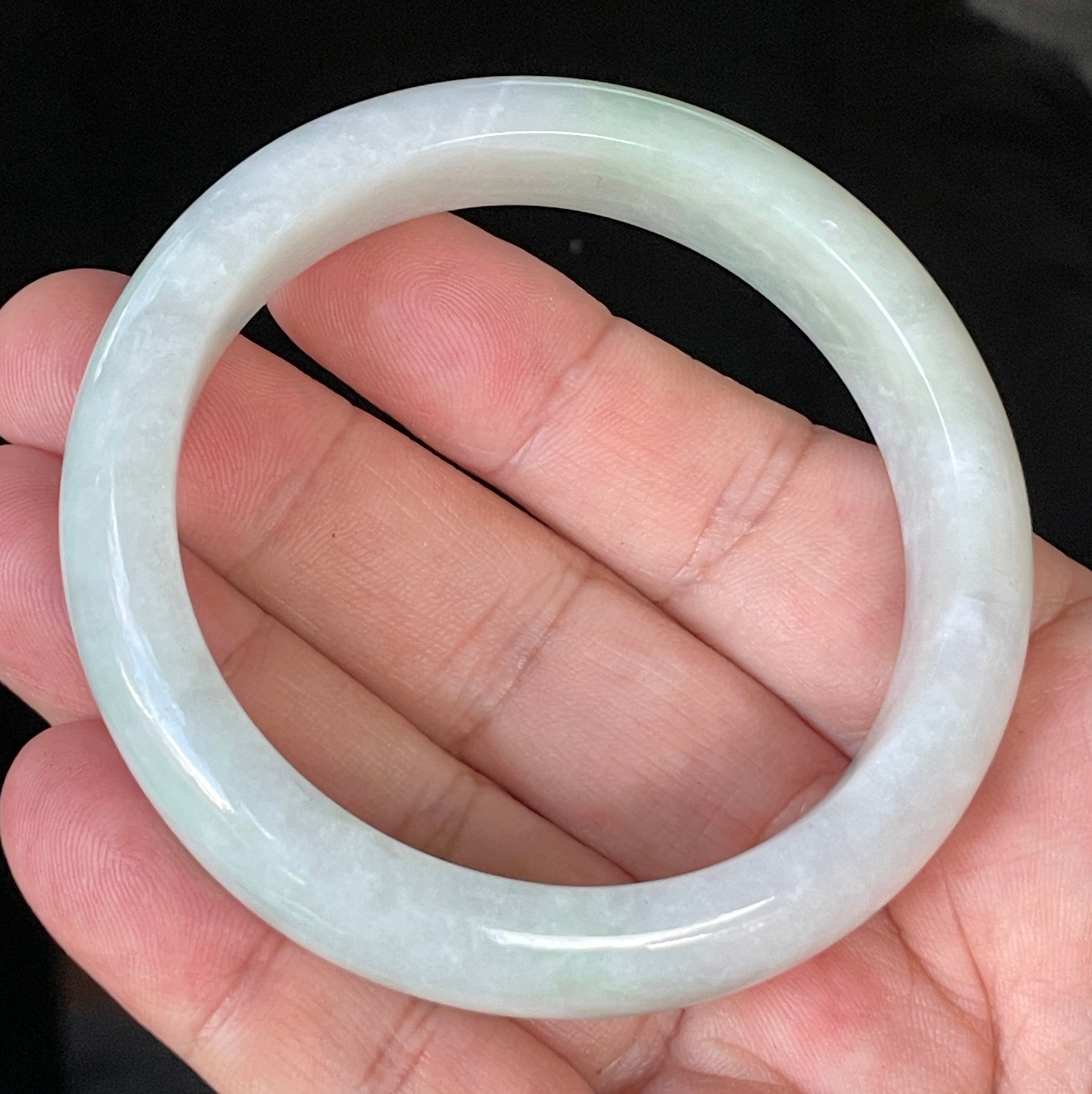 Natural Grade A Certified Burmese Jadeite Jade Bangle – Icy Greyish Milky White with Apple Green Hues – 58.5mm – JB910