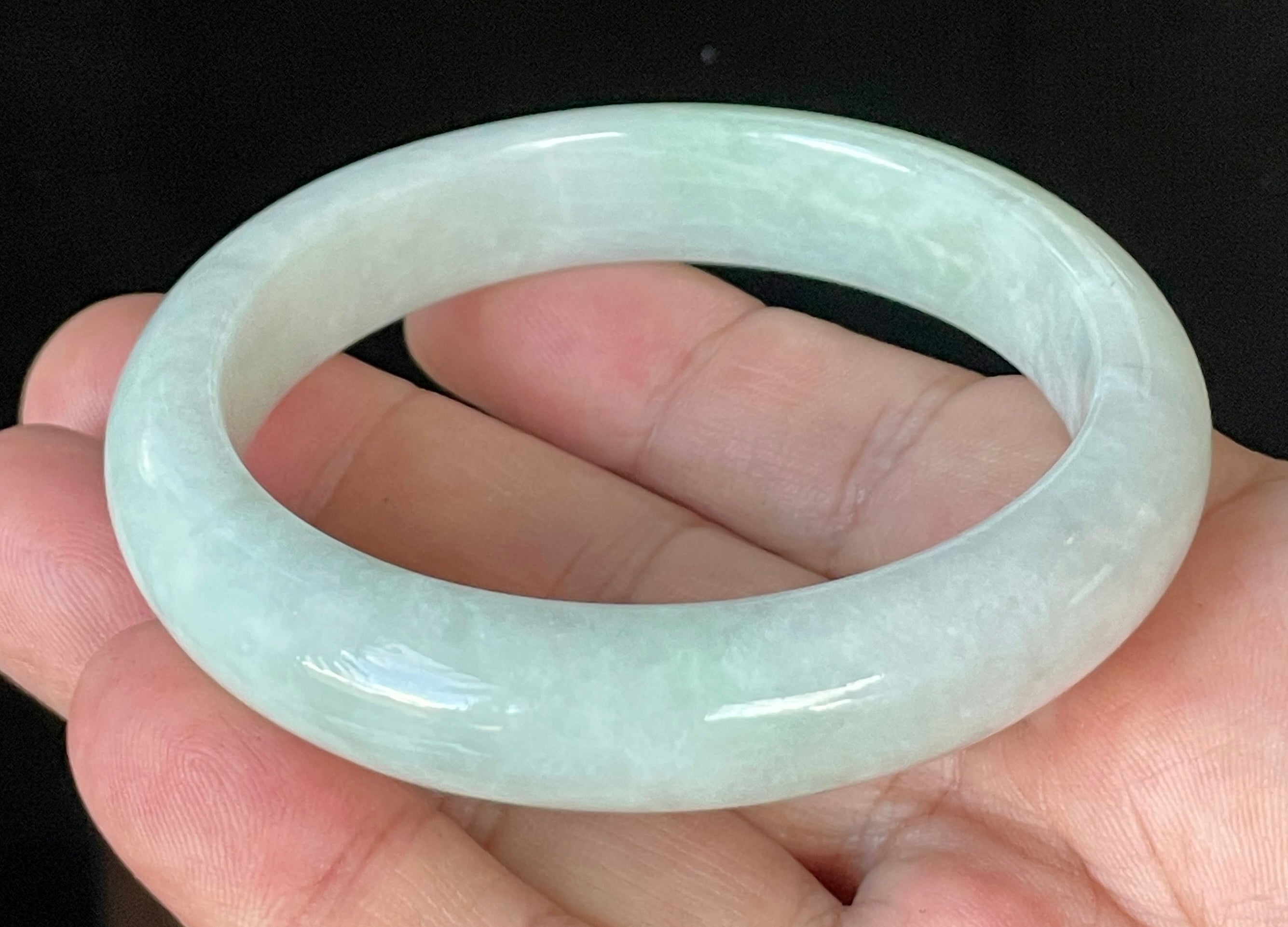 Natural Grade A Certified Burmese Jadeite Jade Bangle – Icy Greyish Milky White with Apple Green Hues – 58.5mm – JB910