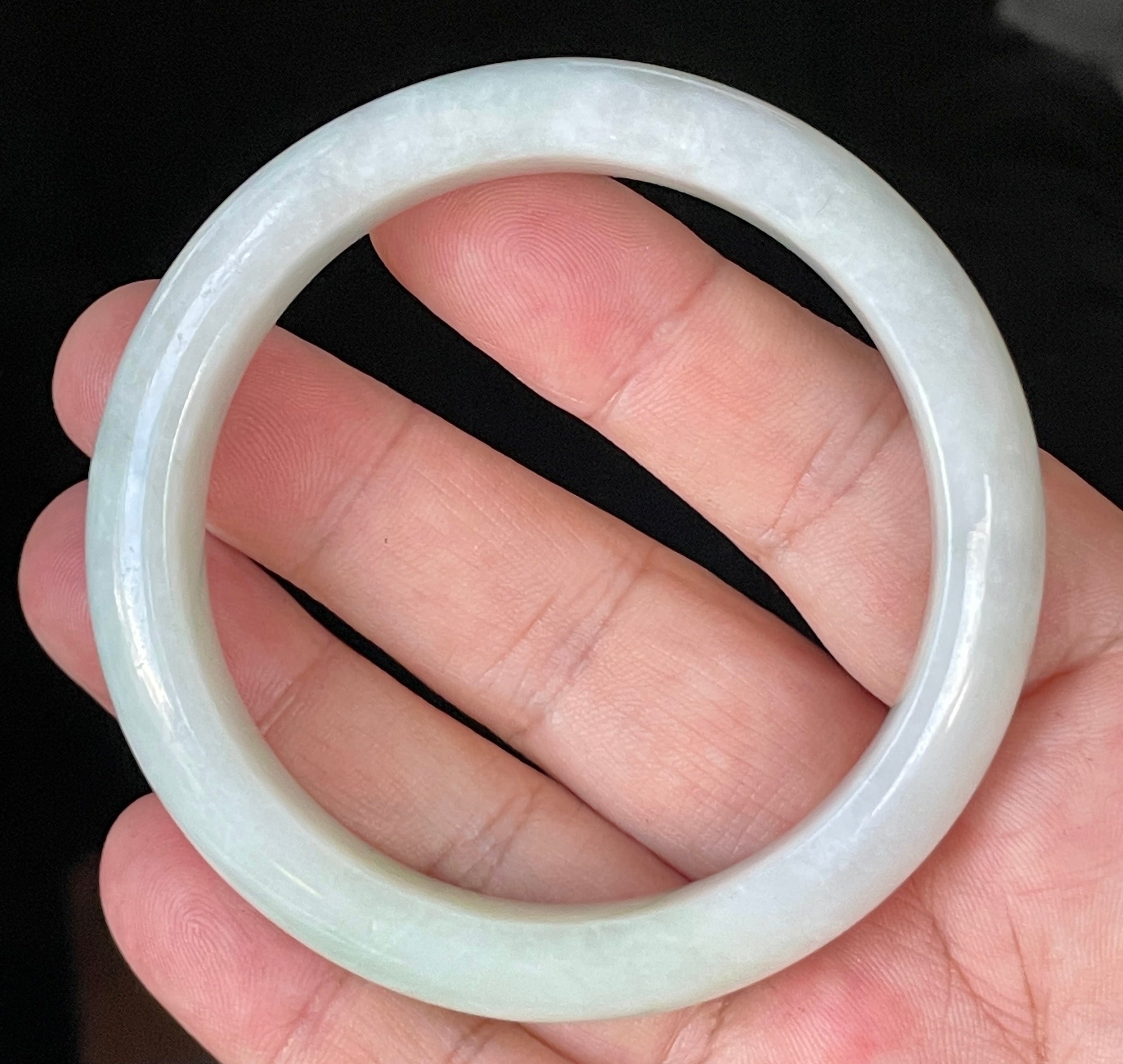 Natural Grade A Certified Burmese Jadeite Jade Bangle – Icy Greyish Milky White with Apple Green Hues – 58.5mm – JB910
