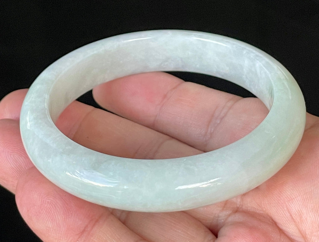 Natural Grade A Certified Burmese Jadeite Jade Bangle – Icy Greyish Milky White with Apple Green Hues – 58.5mm – JB910