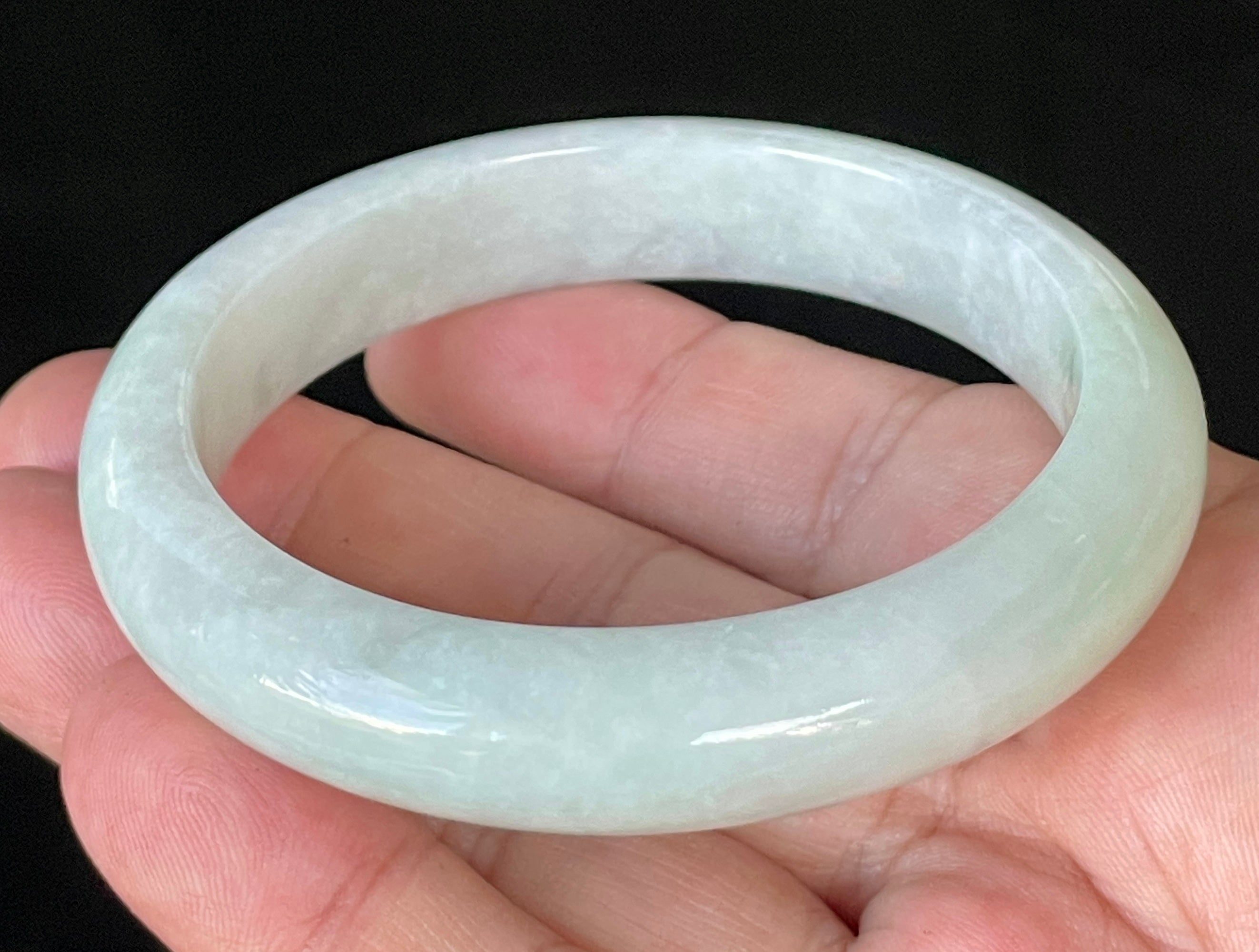 Natural Grade A Certified Burmese Jadeite Jade Bangle – Icy Greyish Milky White with Apple Green Hues – 58.5mm – JB910