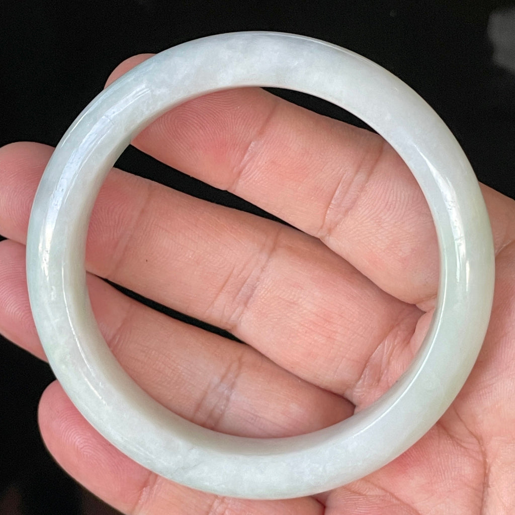 Natural Grade A Certified Burmese Jadeite Jade Bangle – Icy Greyish Milky White with Apple Green Hues – 58.5mm – JB910