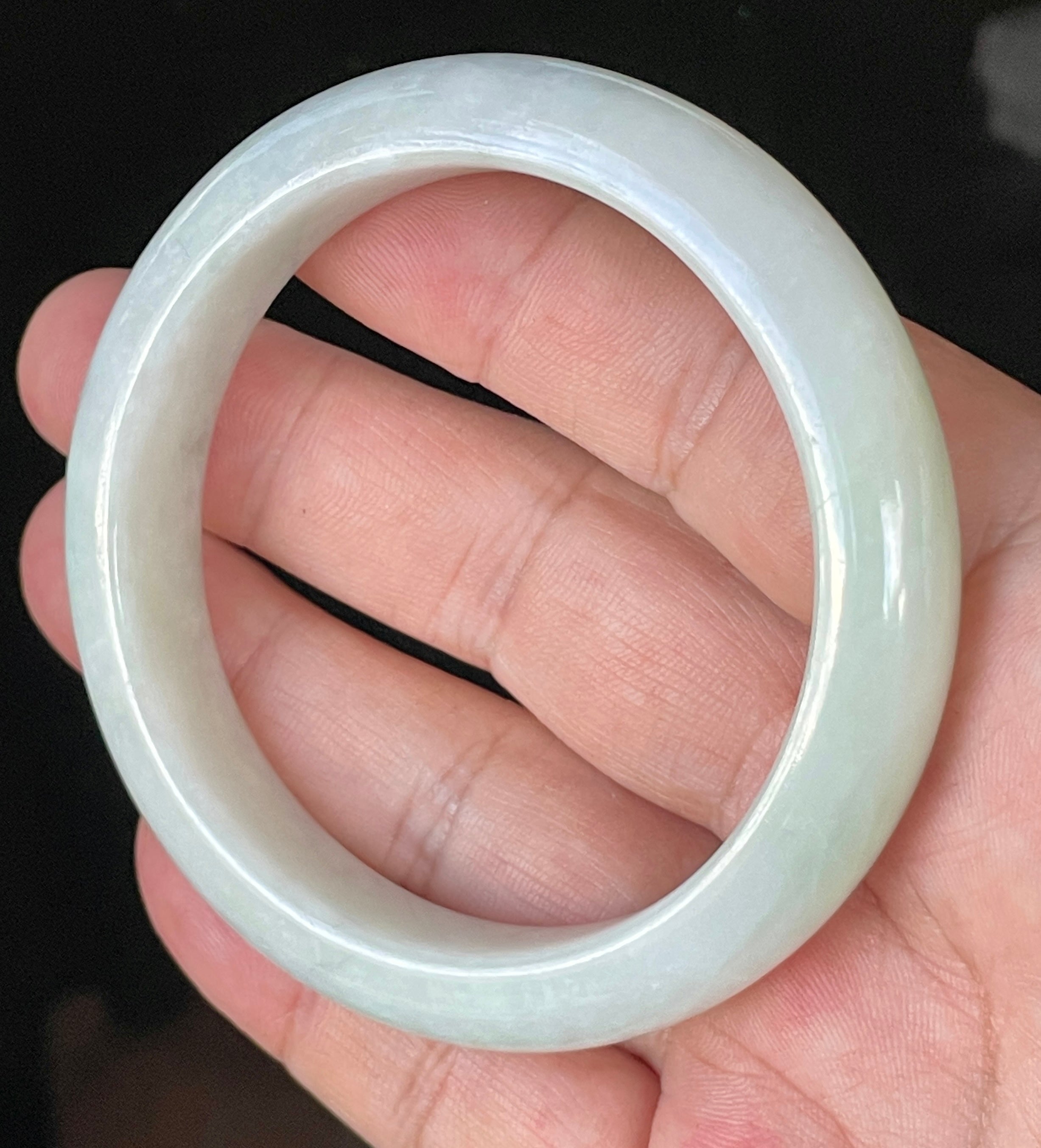 Natural Grade A Certified Burmese Jadeite Jade Bangle – Icy Greyish Milky White with Apple Green Hues – 58.5mm – JB910