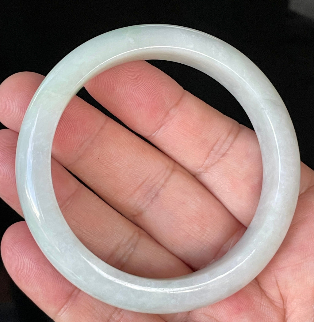 Natural Grade A Certified Burmese Jadeite Jade Bangle – Icy Greyish Milky White with Apple Green Hues – 58.5mm – JB910