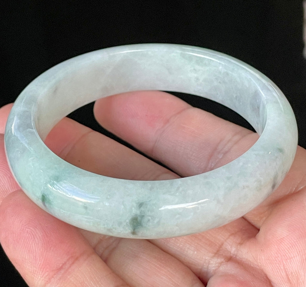 Natural Grade A Certified Burmese Jadeite Jade Bangle – Icy Apple Green & Greyish Milky White – 55.2mm – JB920