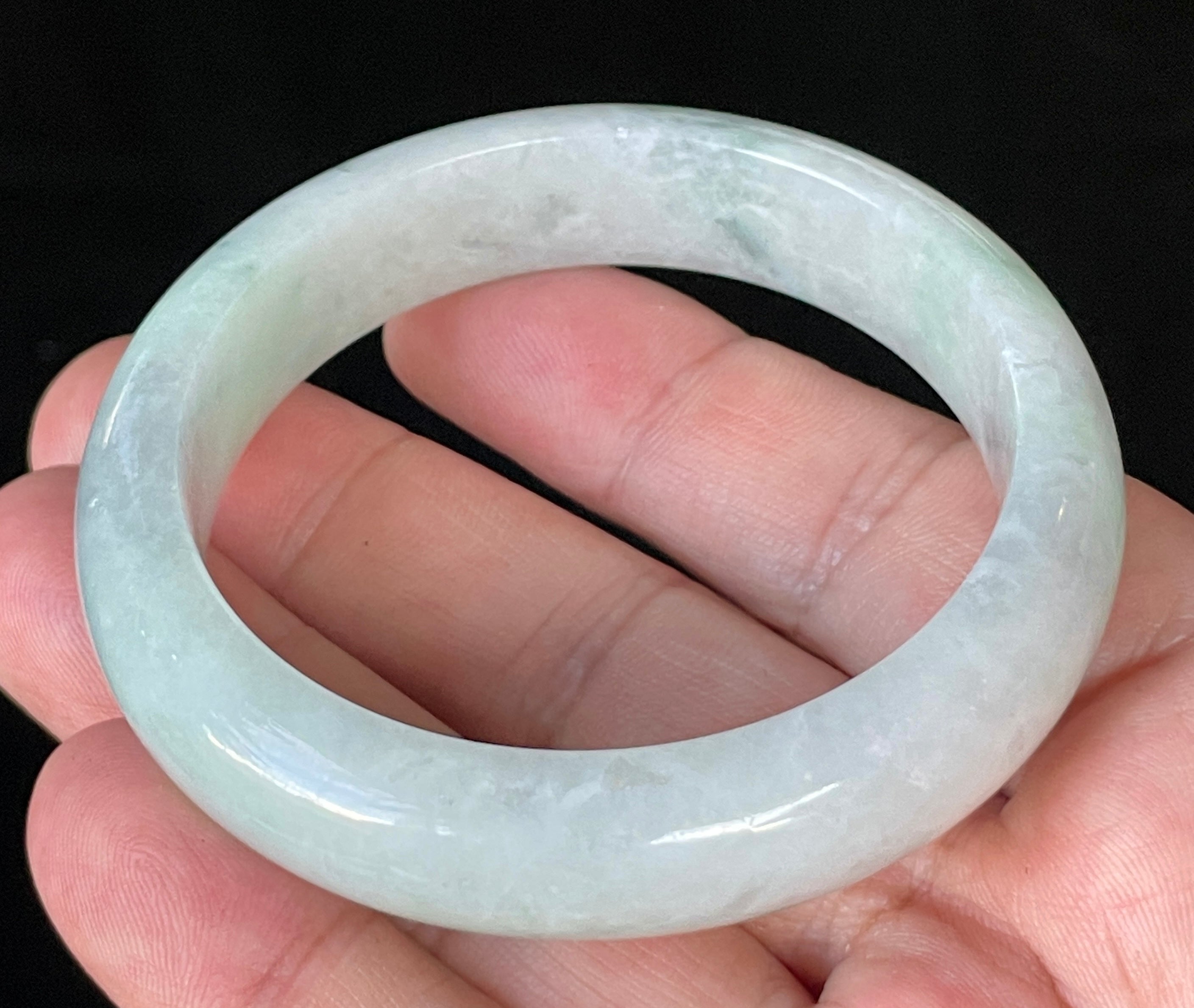 Natural Grade A Certified Burmese Jadeite Jade Bangle – Icy Apple Green & Greyish Milky White – 55.2mm – JB920