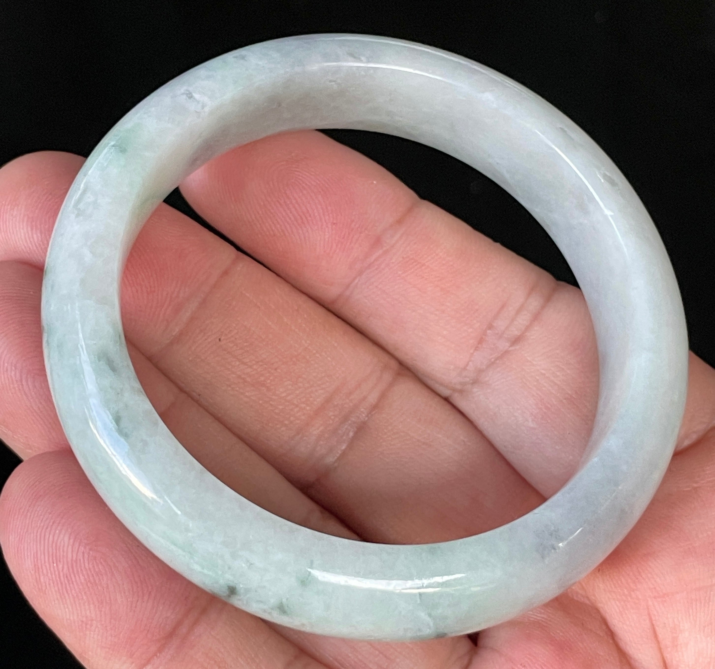 Natural Grade A Certified Burmese Jadeite Jade Bangle – Icy Apple Green & Greyish Milky White – 55.2mm – JB920