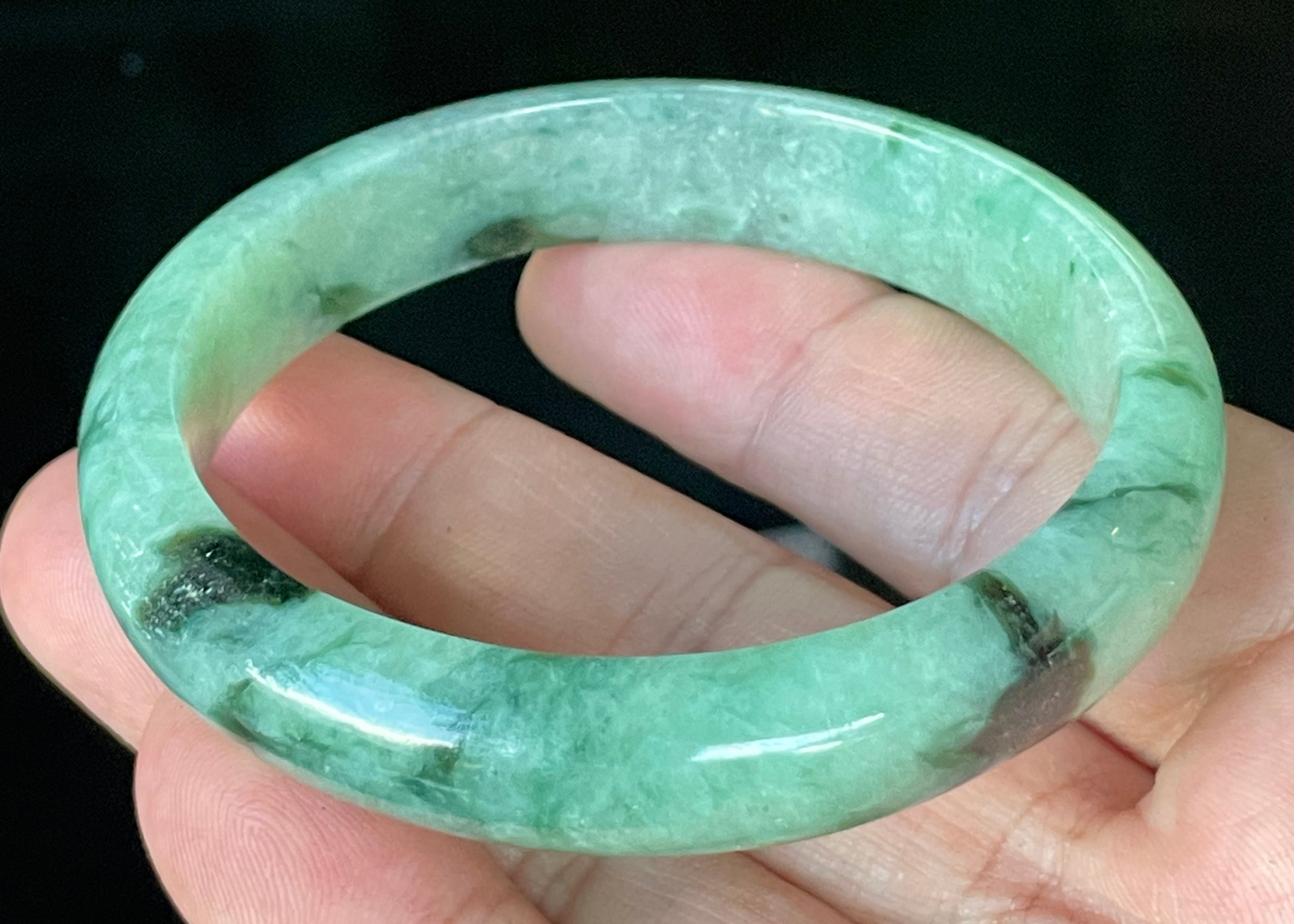 Natural Grade A Certified Burmese Jadeite Jade Bangle – Icy Apple & Imperial Green with Black & Greyish Milky White Hues – 57.5mm – JB911