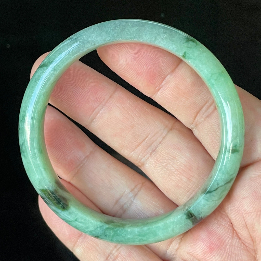 Natural Grade A Certified Burmese Jadeite Jade Bangle – Icy Apple & Imperial Green with Black & Greyish Milky White Hues – 57.5mm – JB911