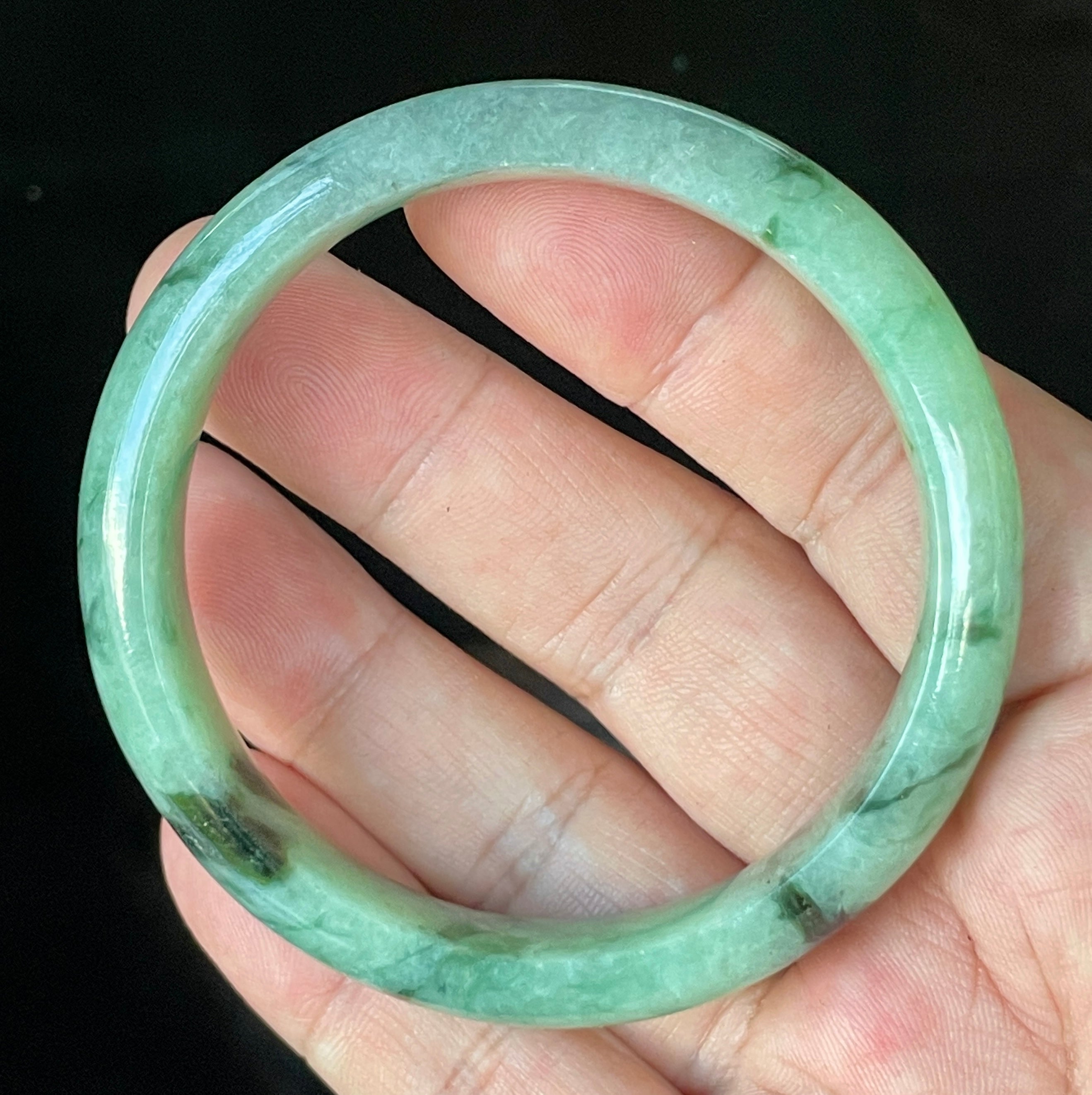 Natural Grade A Certified Burmese Jadeite Jade Bangle – Icy Apple & Imperial Green with Black & Greyish Milky White Hues – 57.5mm – JB911